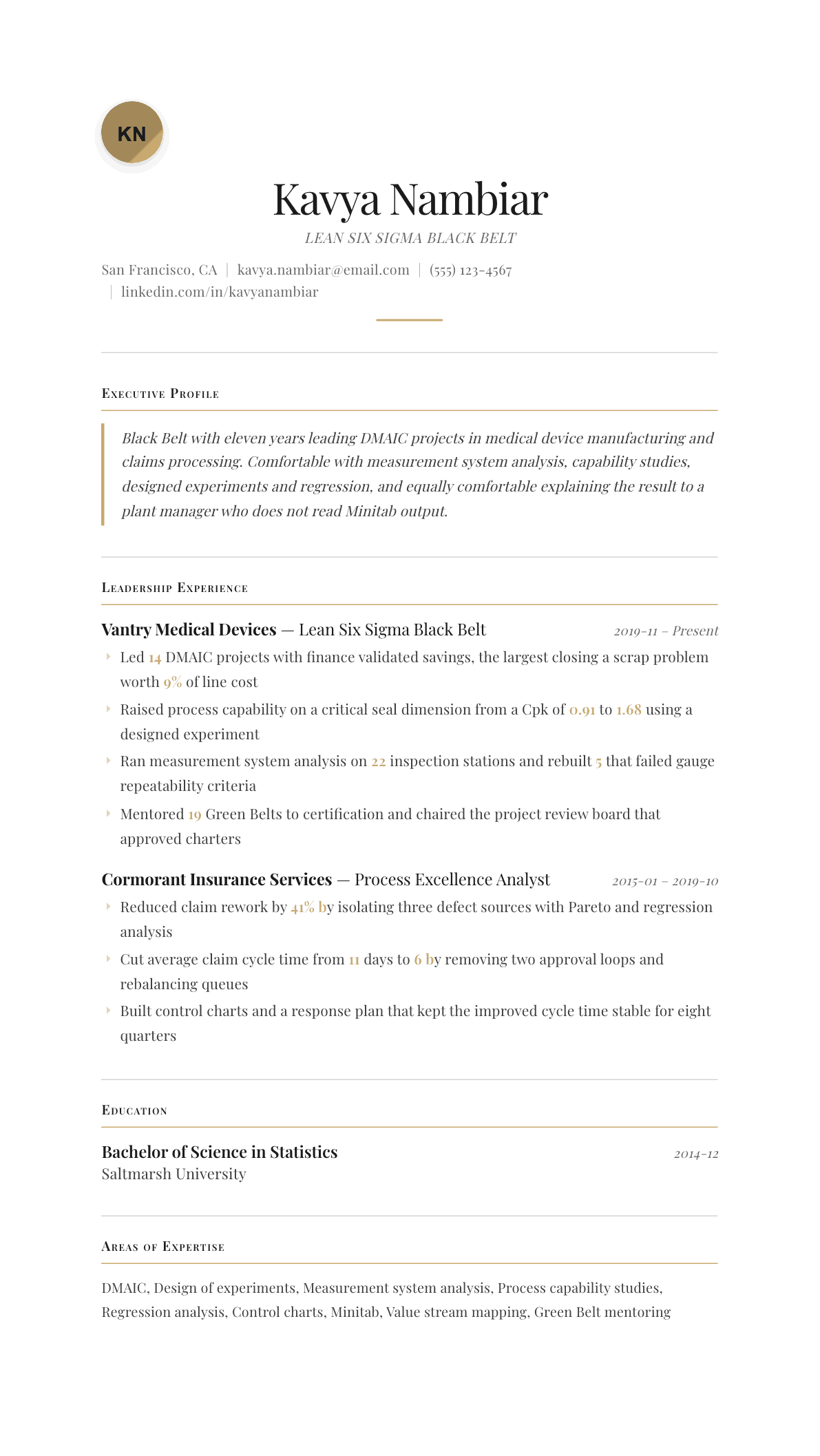 Lean Six Sigma Black Belt resume example, Chancellor template