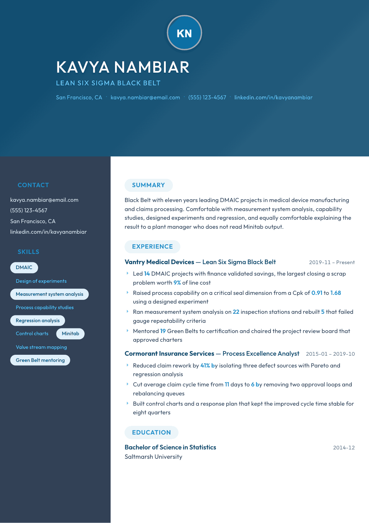 Lean Six Sigma Black Belt resume example, Nexus template