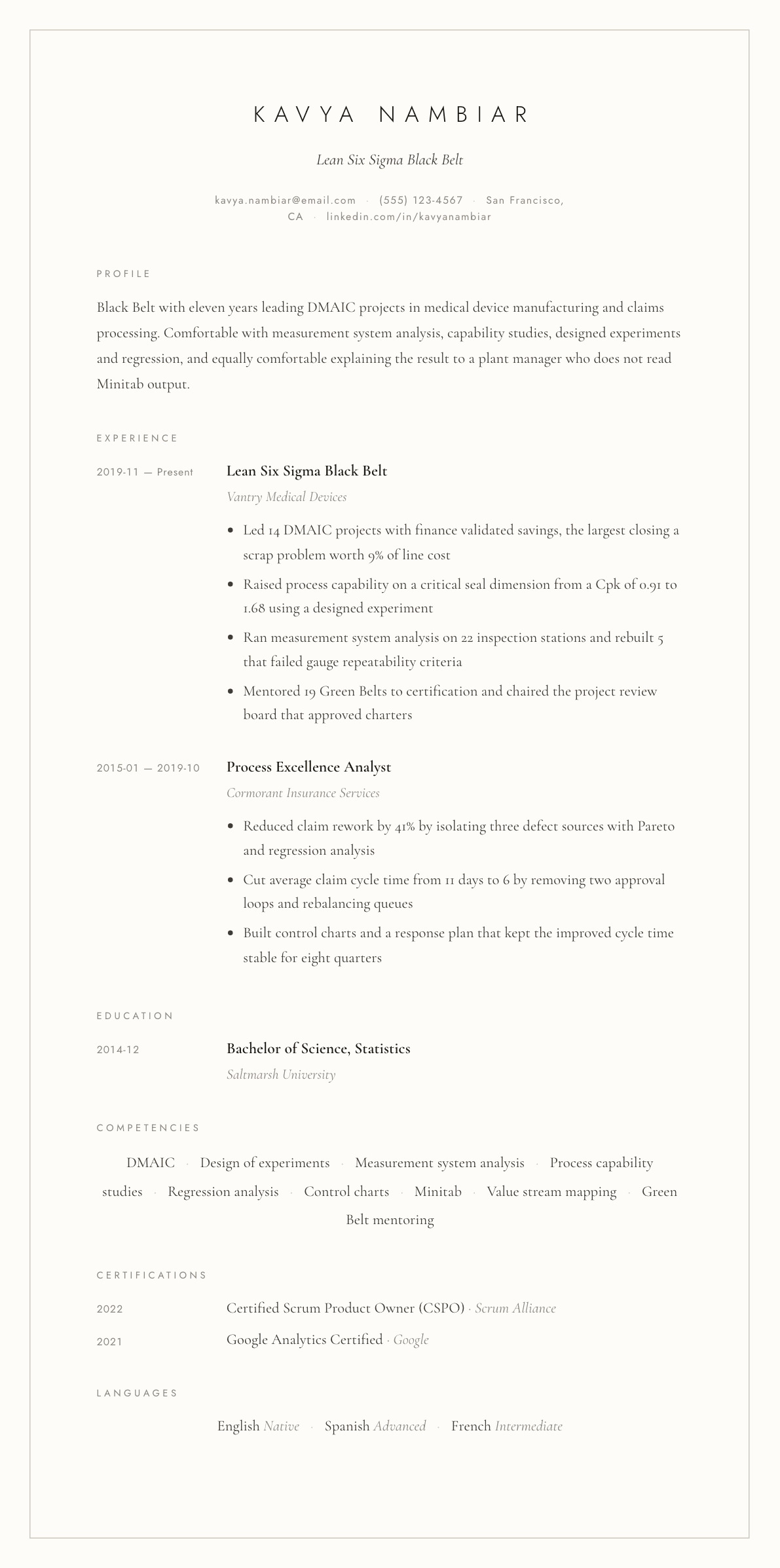 Lean Six Sigma Black Belt resume example, Vellum template