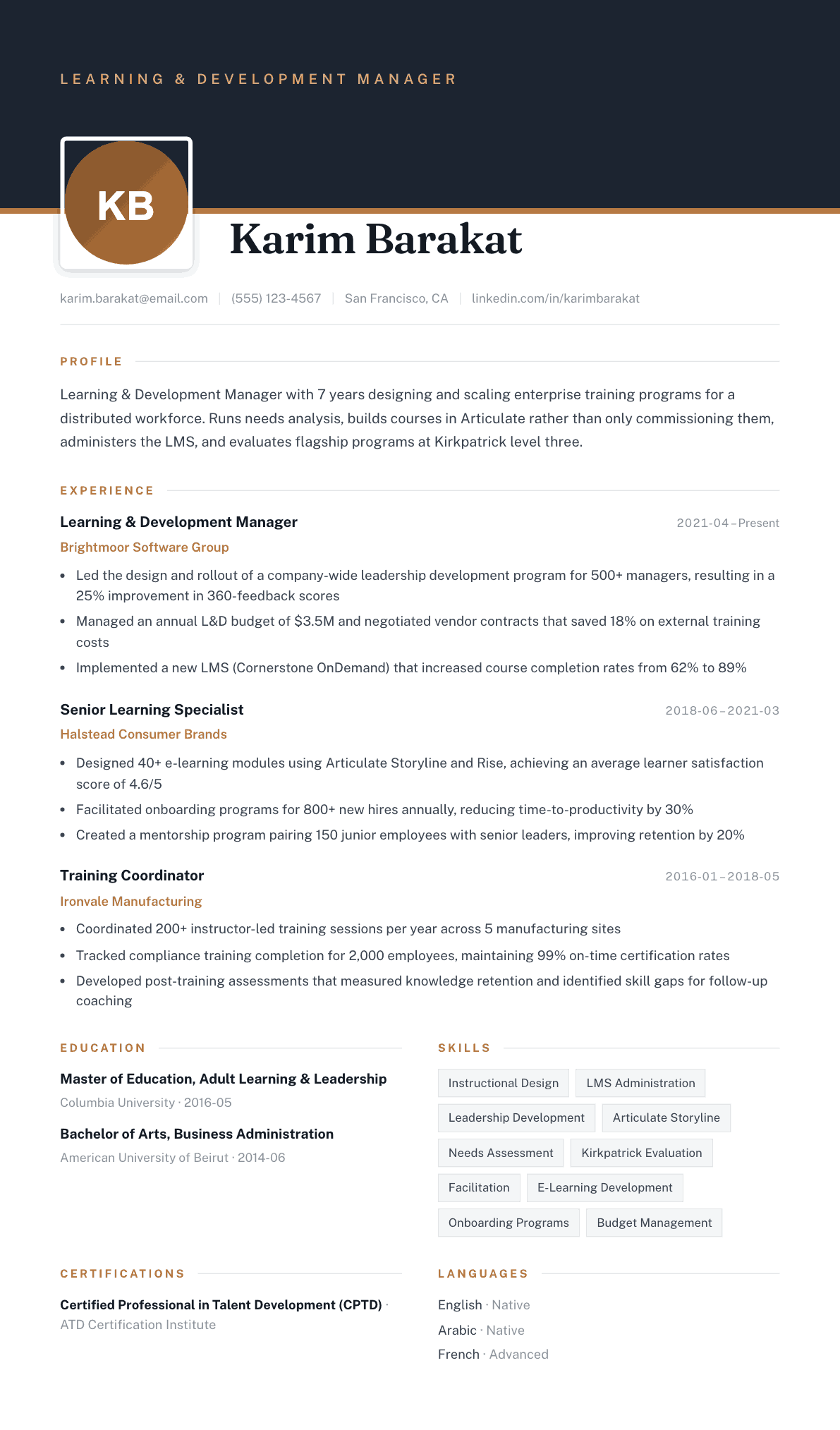 Learning & Development Manager resume example, Atrium template
