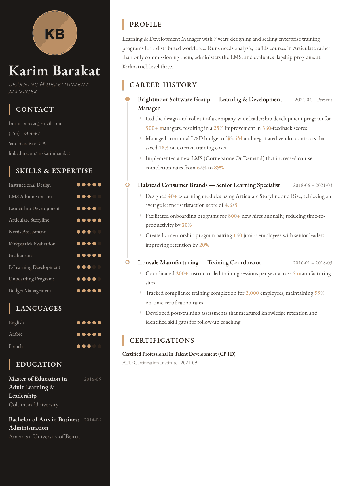 Learning & Development Manager resume example, Heritage template