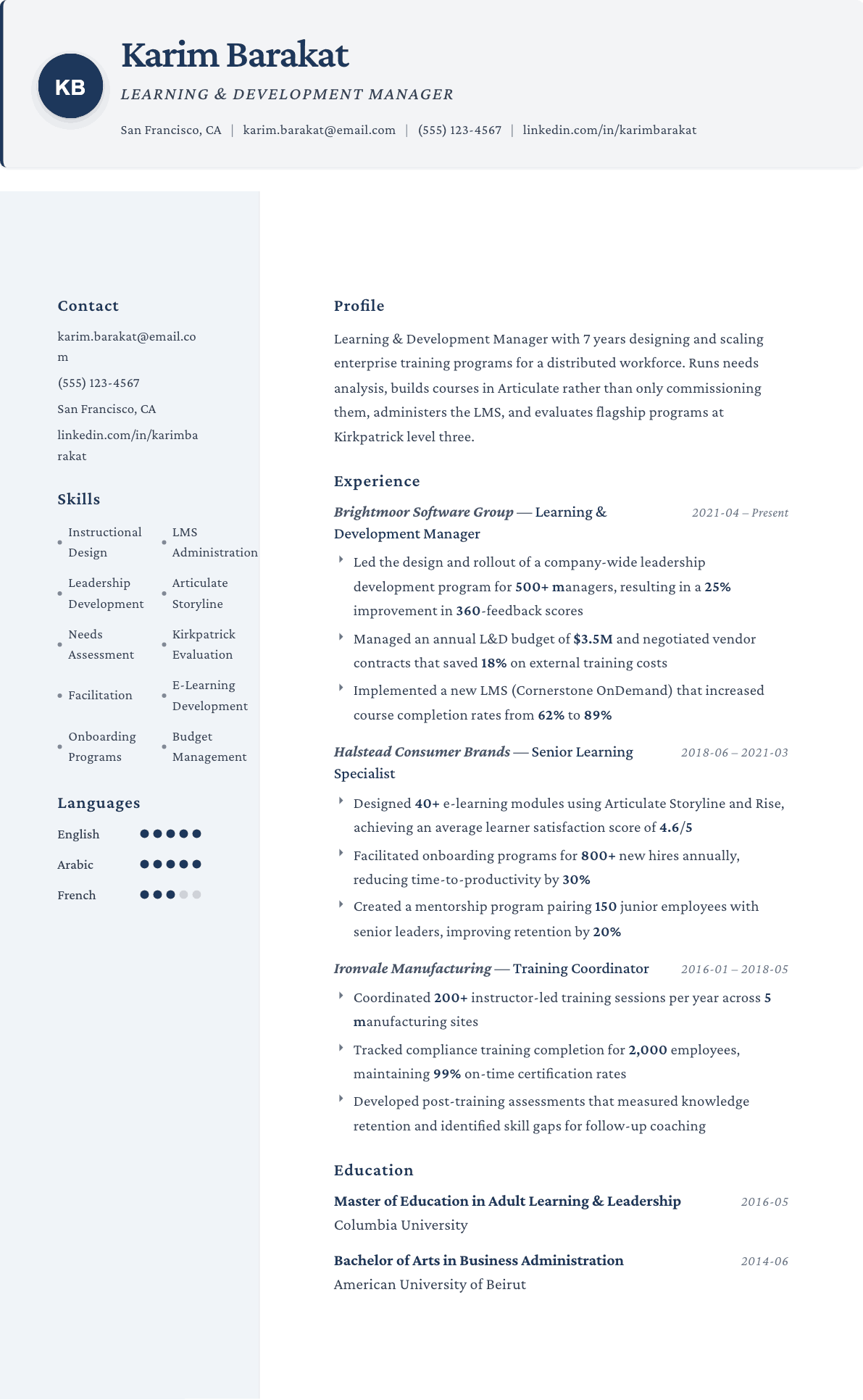 Learning & Development Manager resume example, Formal template