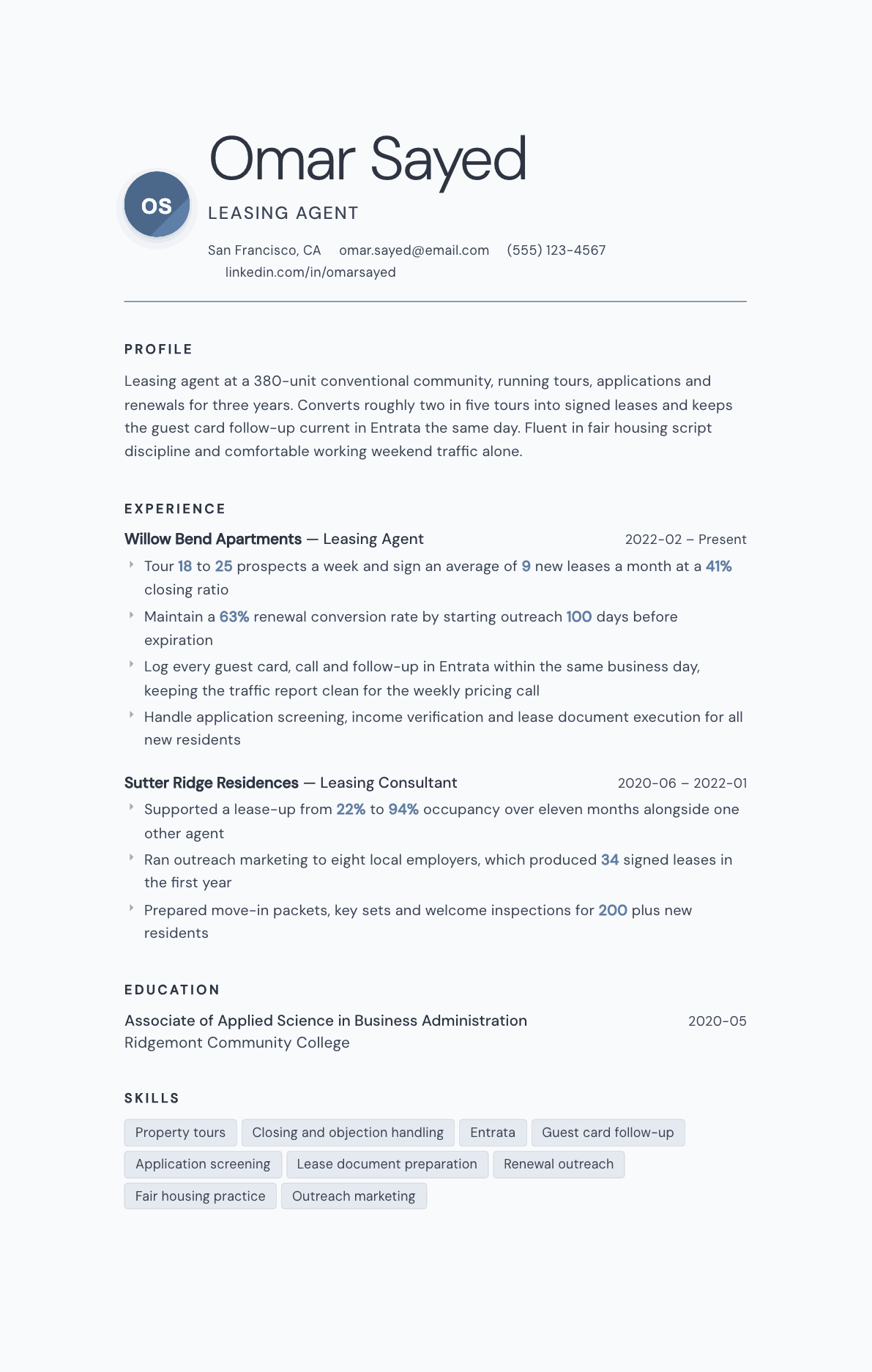 Leasing Agent resume example, Nordic template