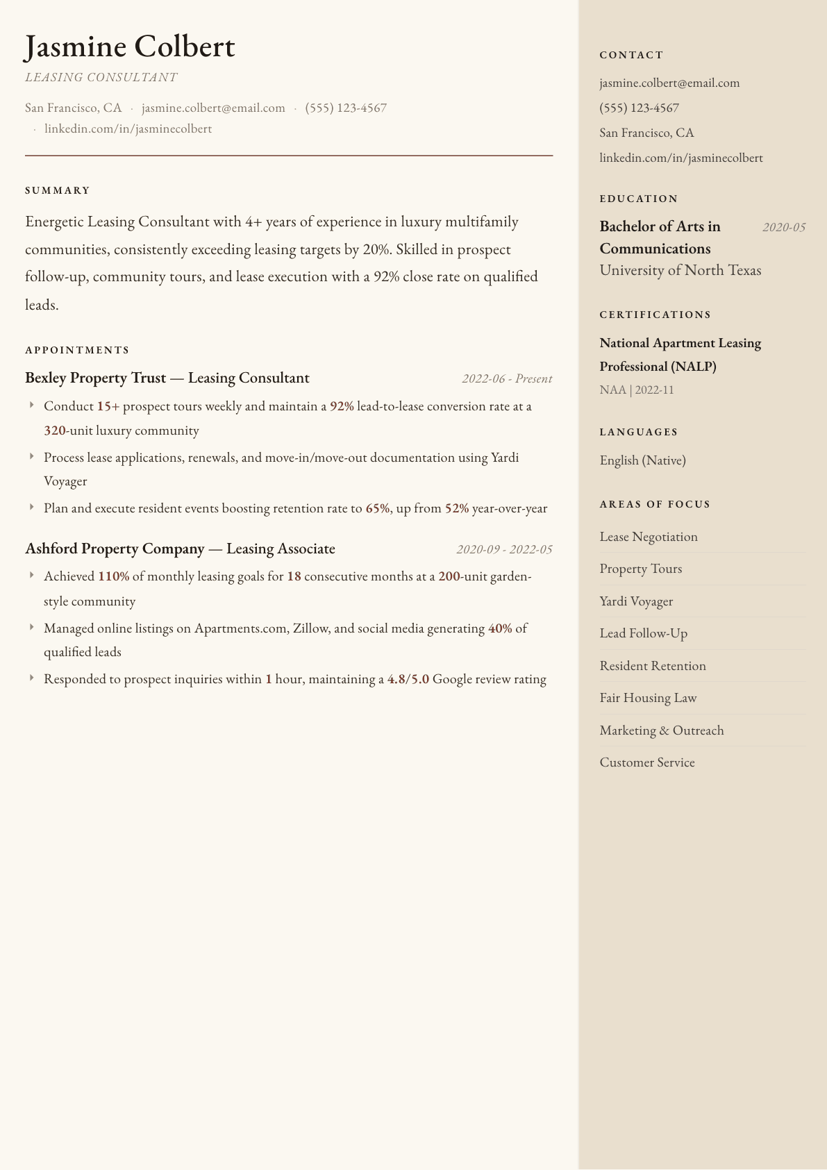 Leasing Consultant resume example, Manuscript template