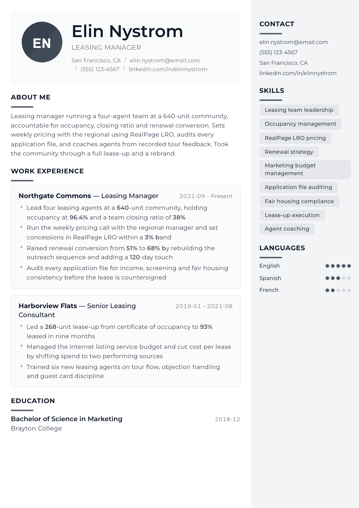 Leasing Manager resume example, Metropolitan template