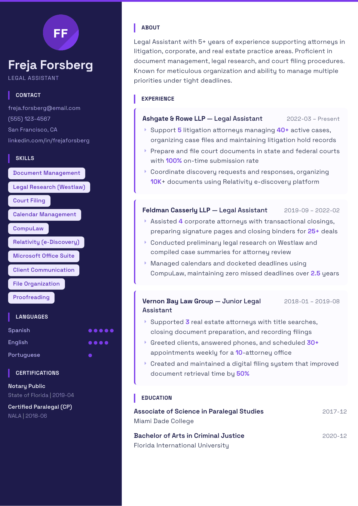 Legal Assistant resume example, Solstice template
