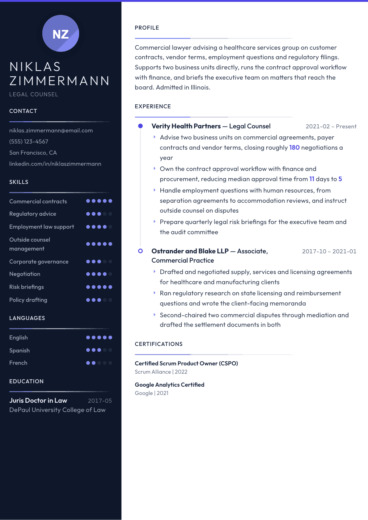 Legal Counsel resume example, Zenith template