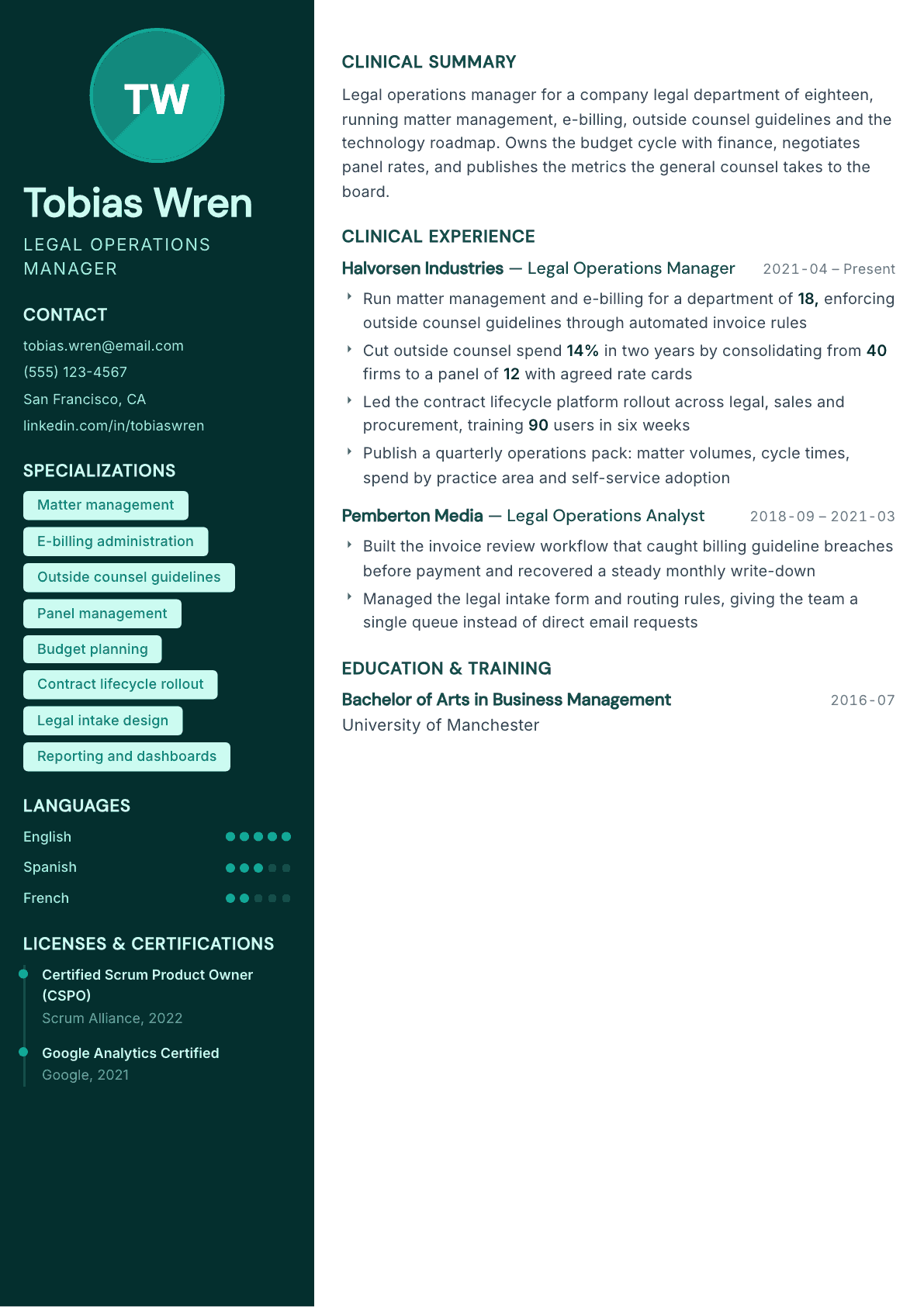 Legal Operations Manager resume example, Vitalis template