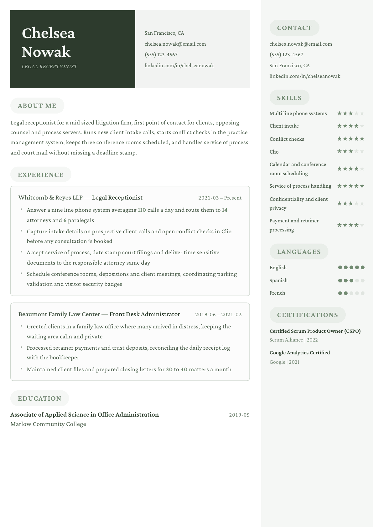 Legal Receptionist resume example, Mayfair template