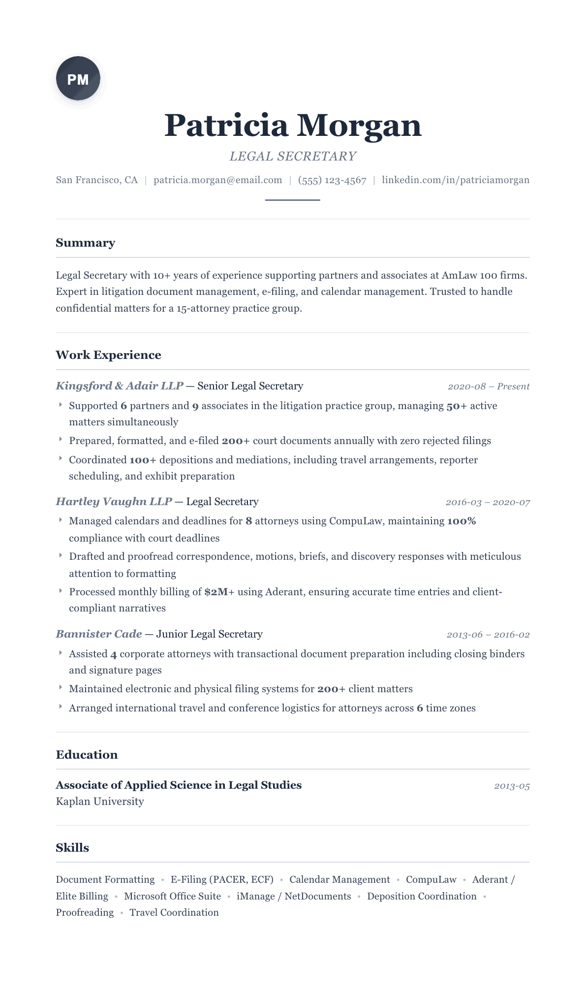 Legal Secretary resume example, Classic template