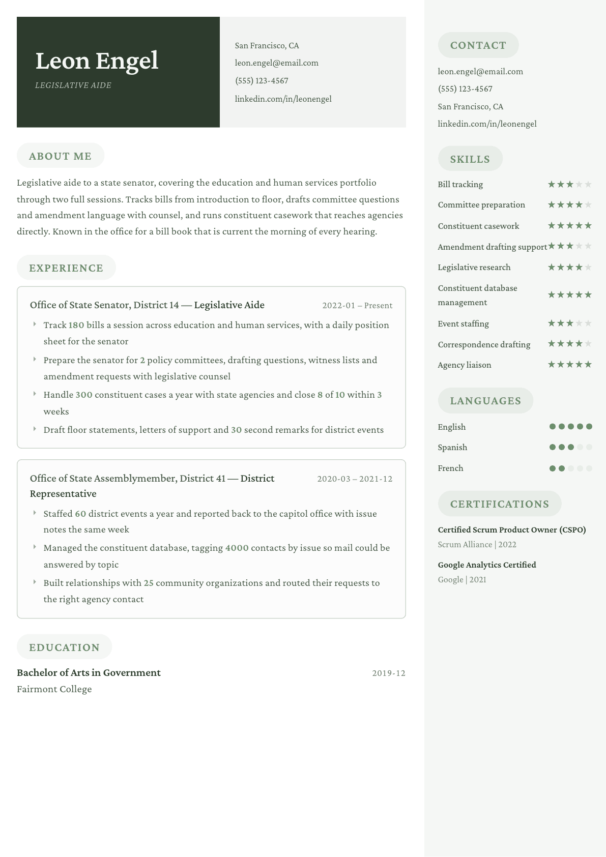 Legislative Aide resume example, Mayfair template