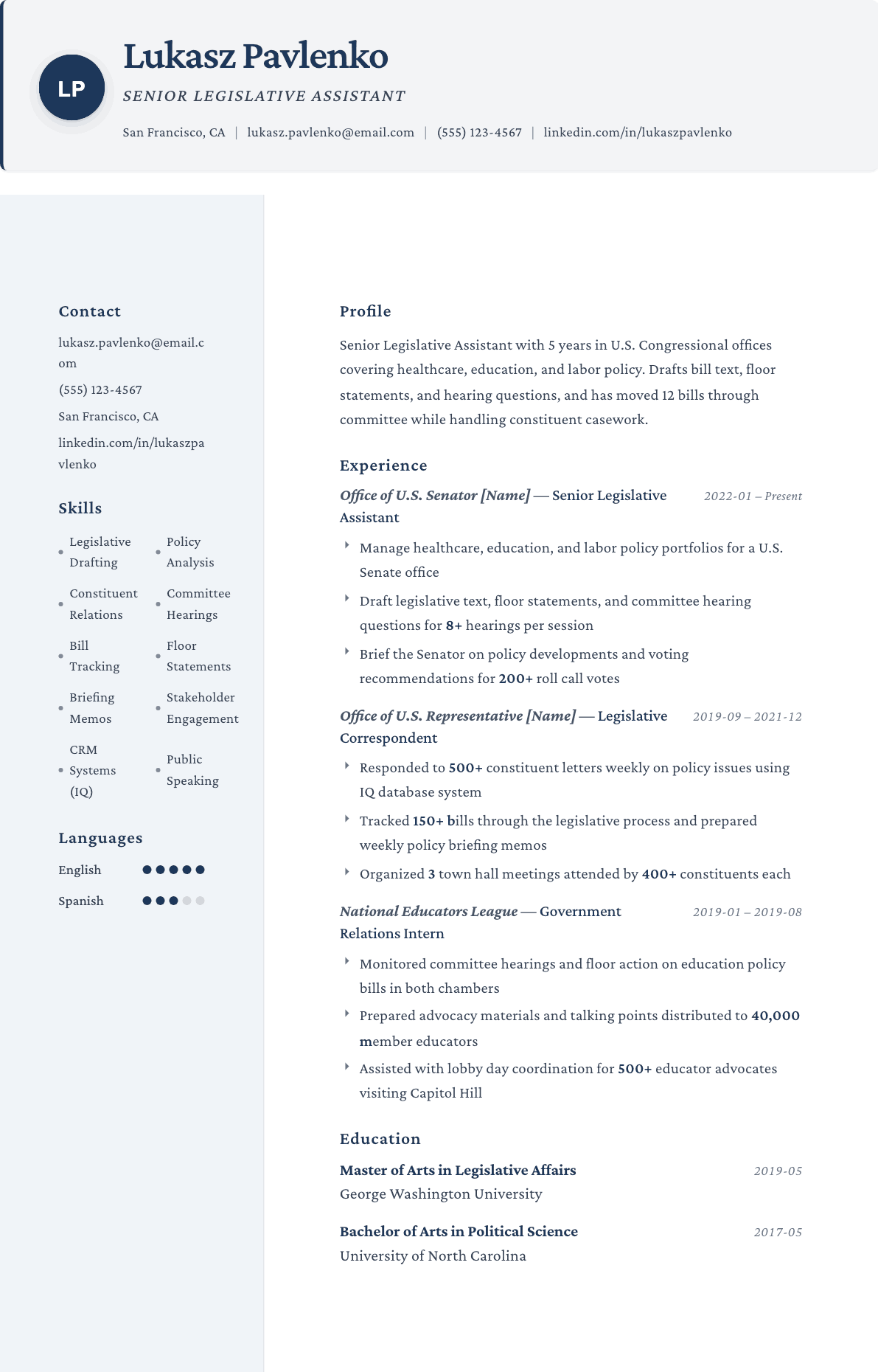 Legislative Assistant resume example, Formal template