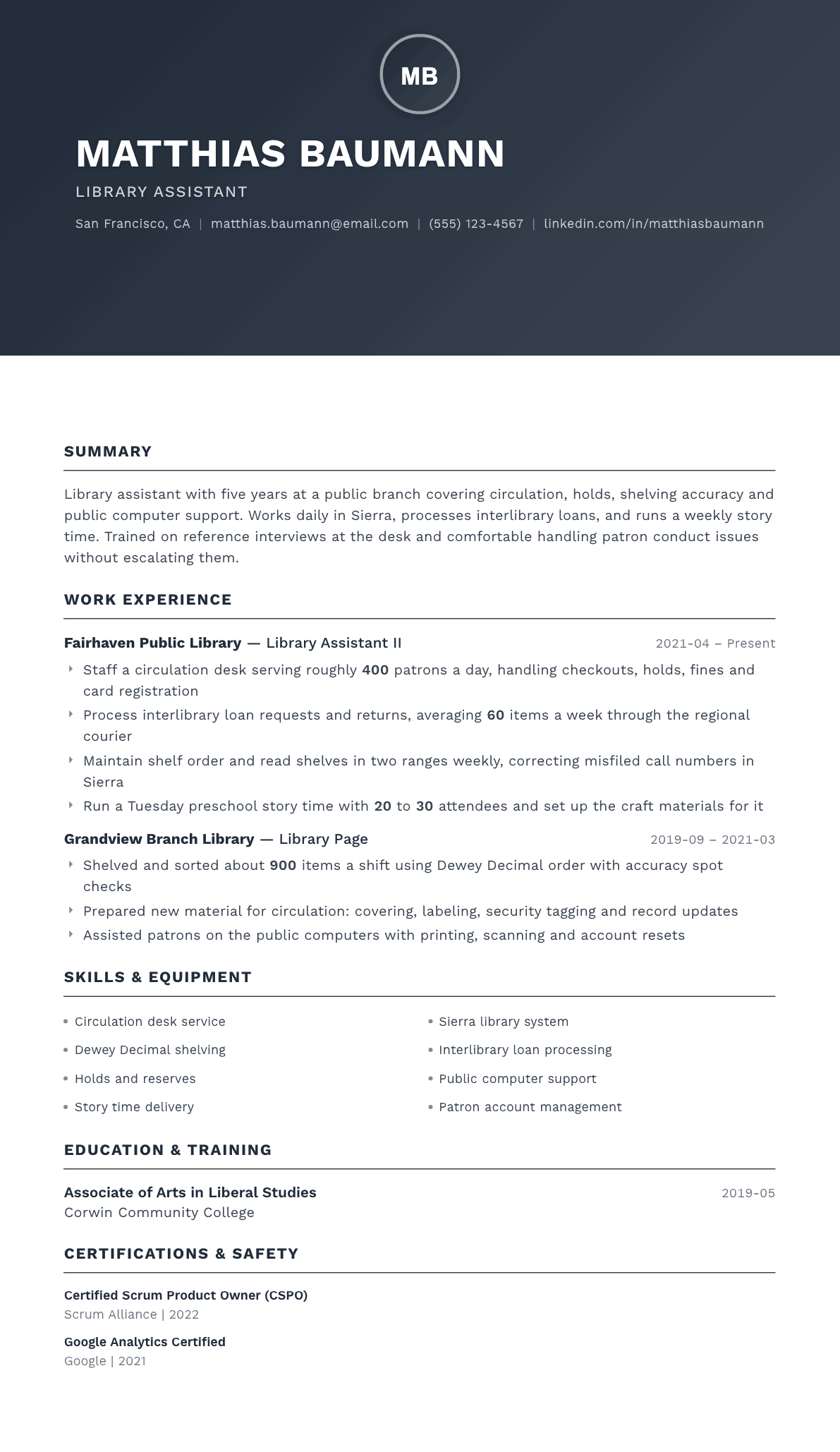 Library Assistant resume example, Foundation template