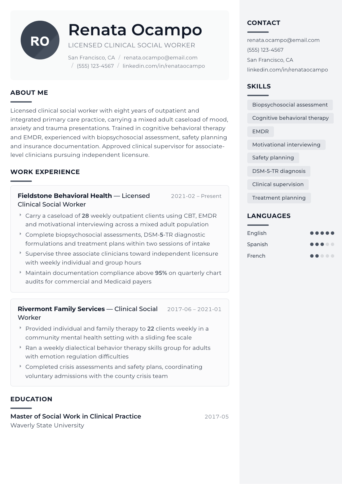 Licensed Clinical Social Worker resume example, Metropolitan template