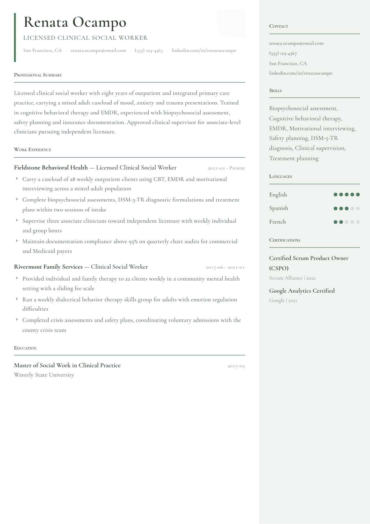 Licensed Clinical Social Worker resume example, Copenhagen template