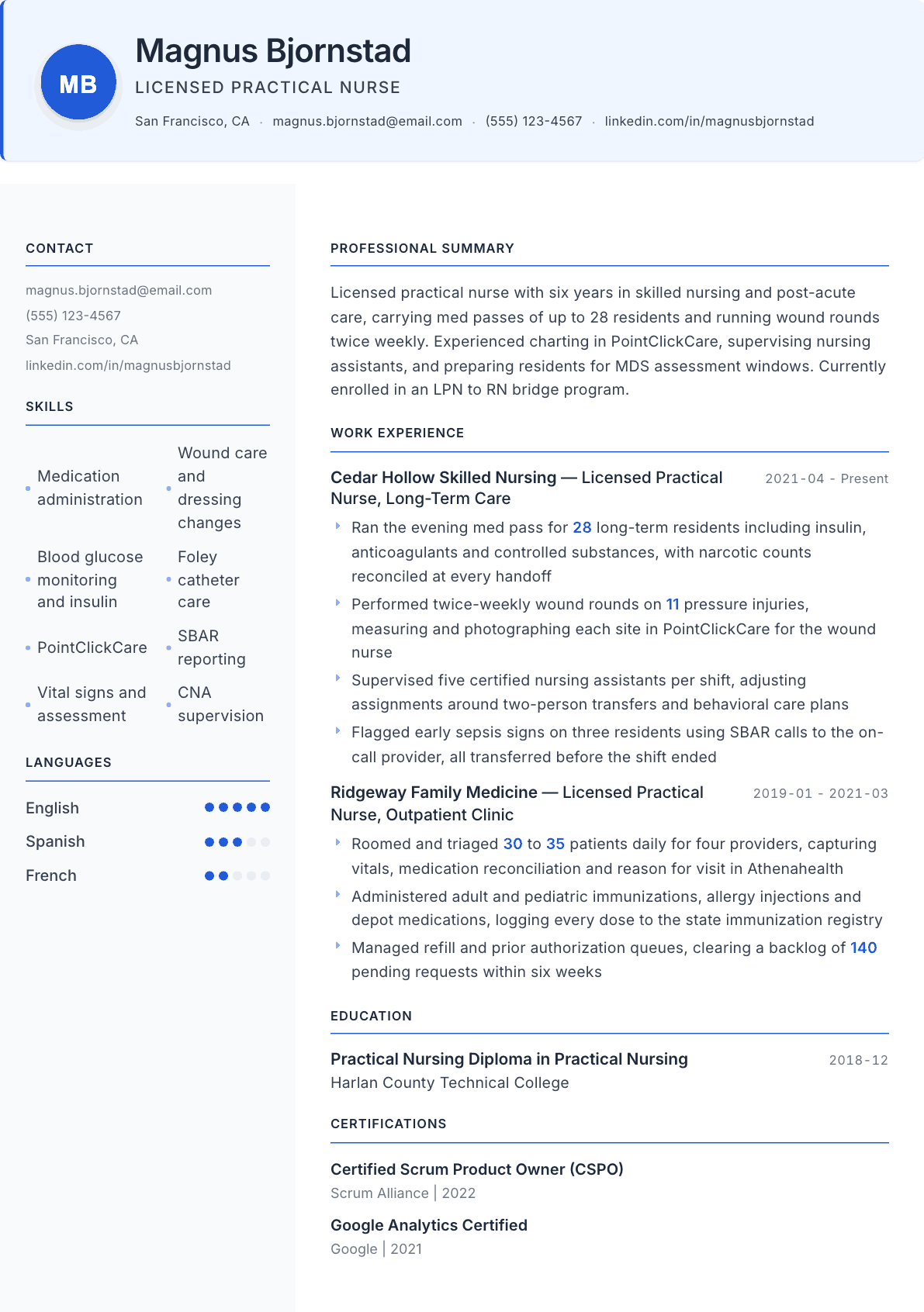 Licensed Practical Nurse resume example, Geneva template
