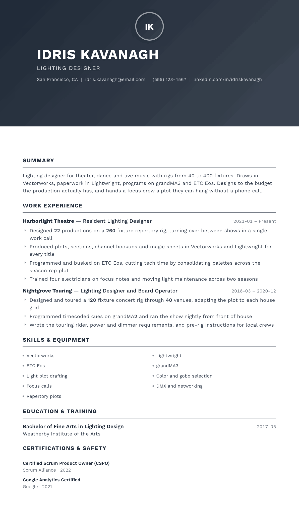 Lighting Designer resume example, Foundation template