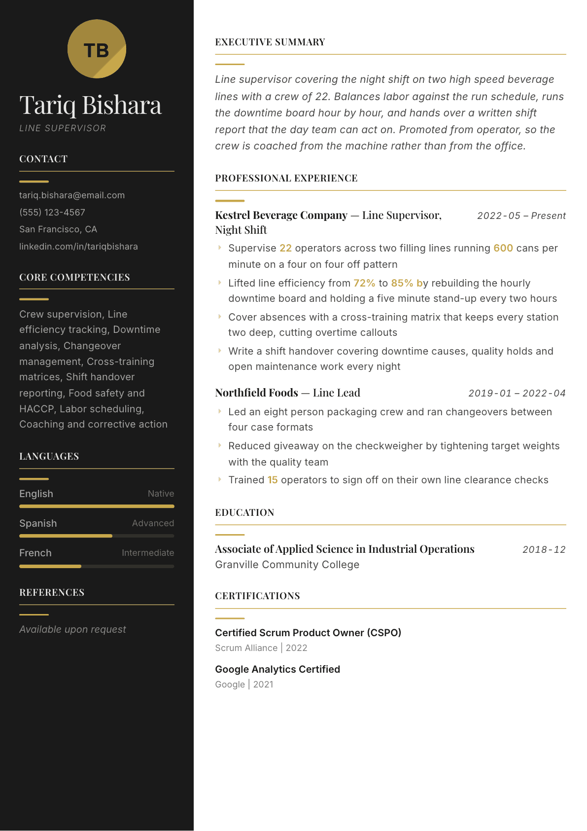 Line Supervisor resume example, Ink & Gold template