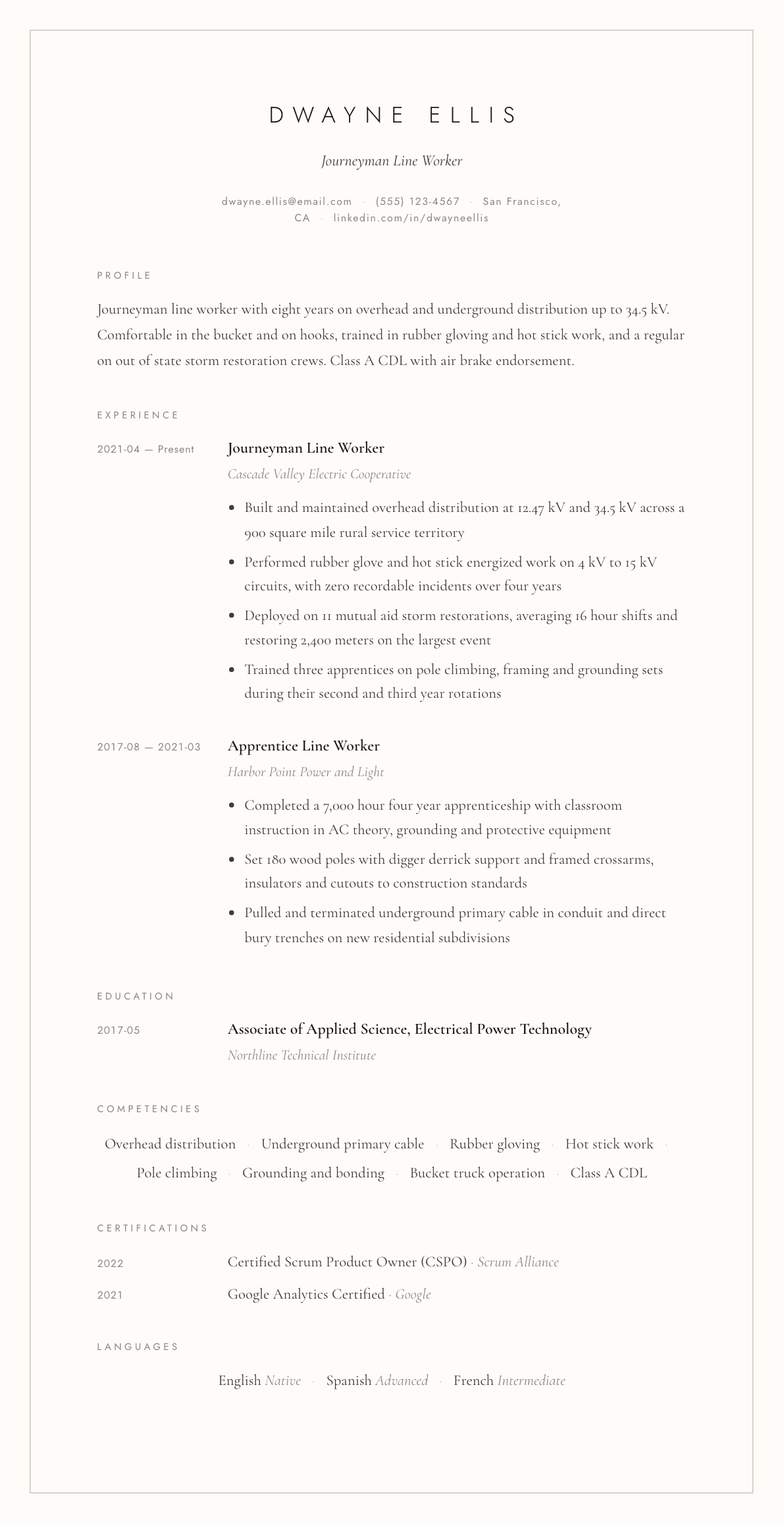Line Worker resume example, Vellum template