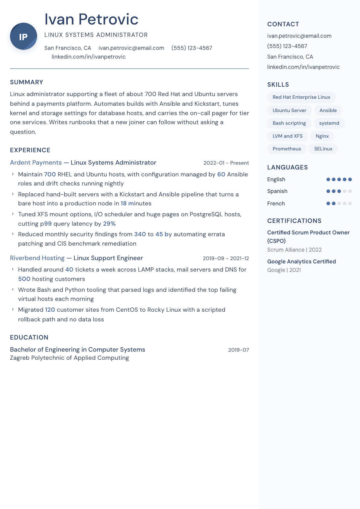 Linux Administrator resume example, Kernel template