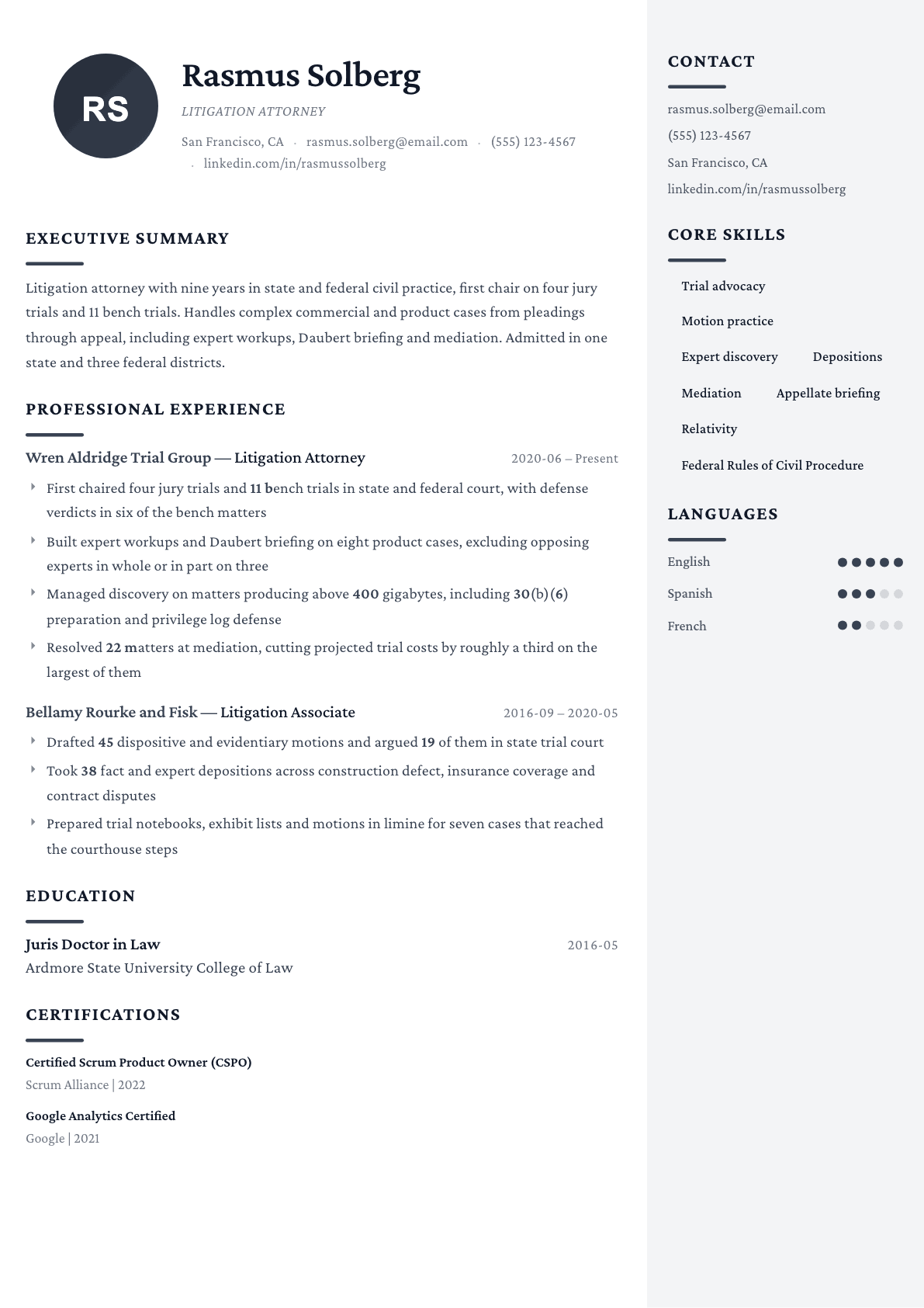 Litigation Attorney resume example, Monarch template