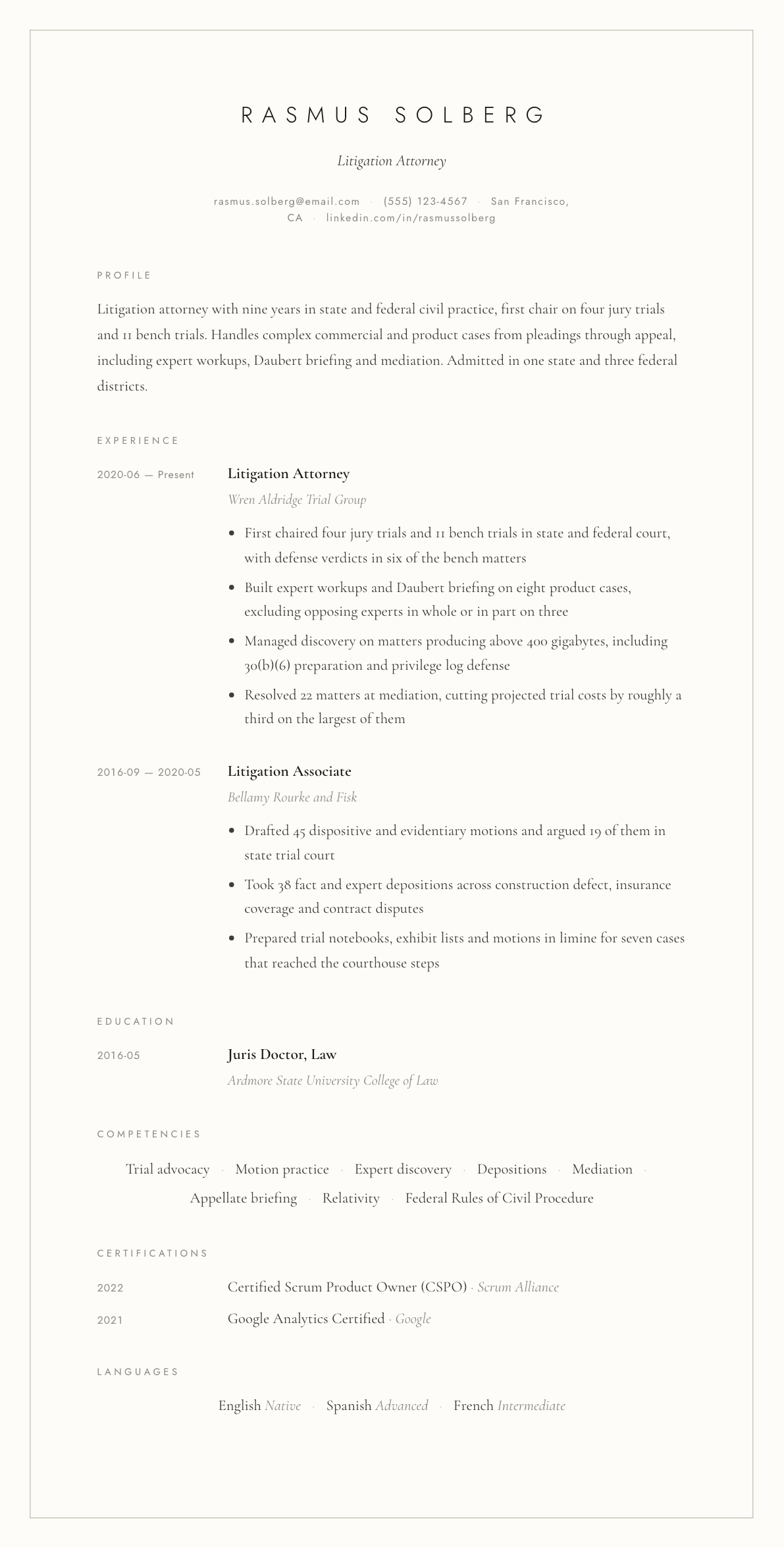 Litigation Attorney resume example, Vellum template