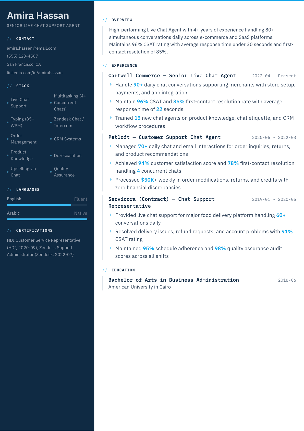Live Chat Agent resume example, Datum template