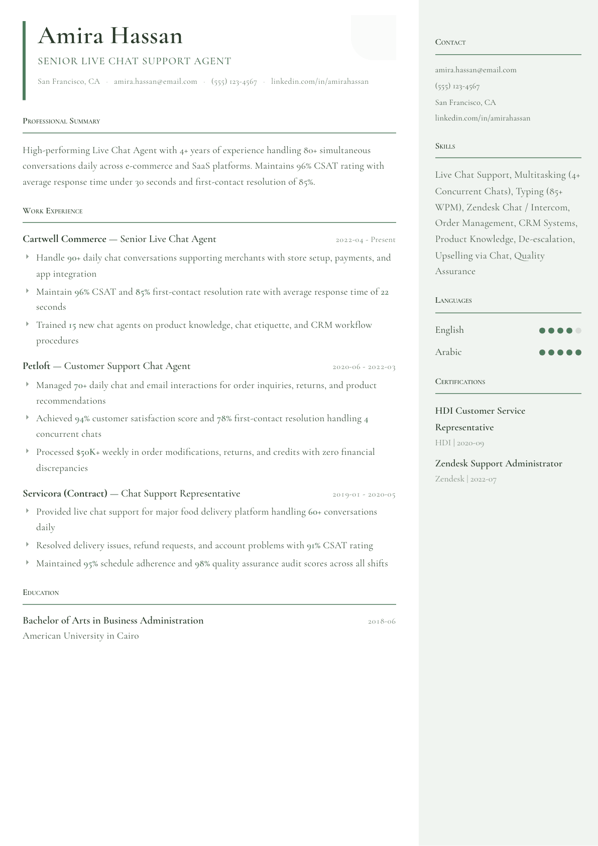 Live Chat Agent resume example, Copenhagen template