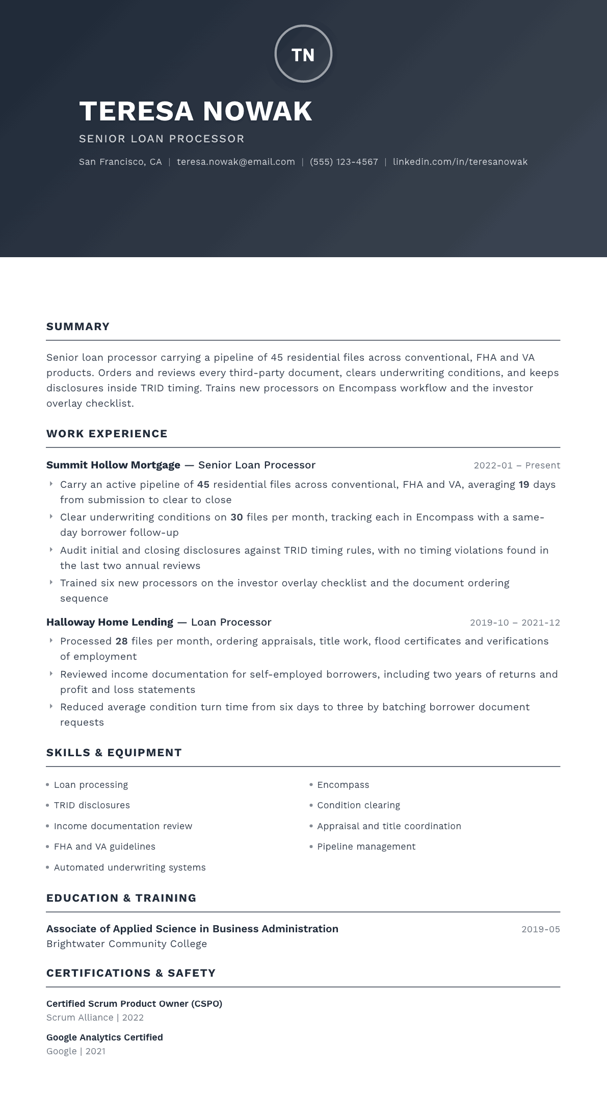 Loan Processor resume example, Foundation template
