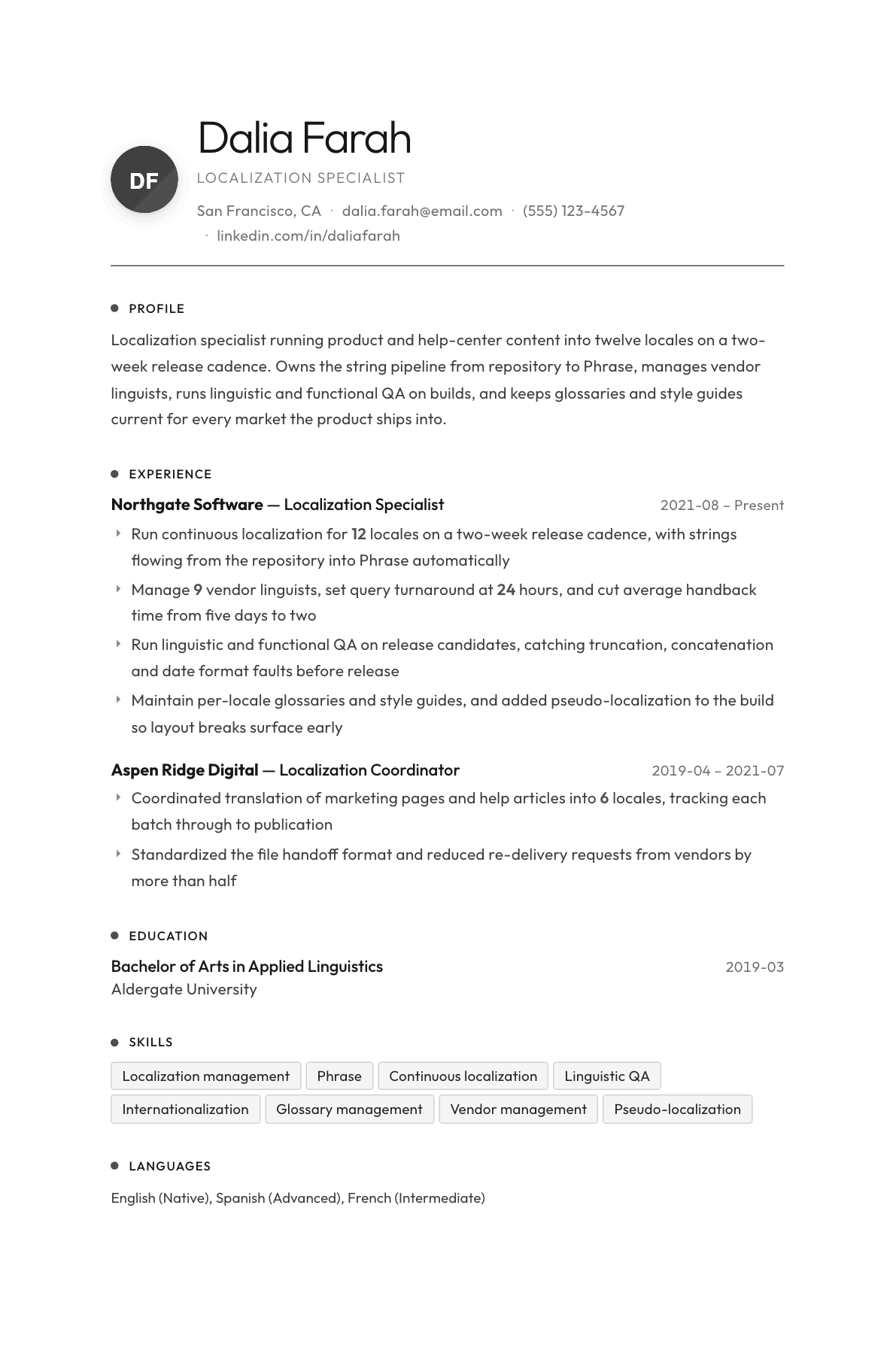 Localization Specialist resume example, Flux template