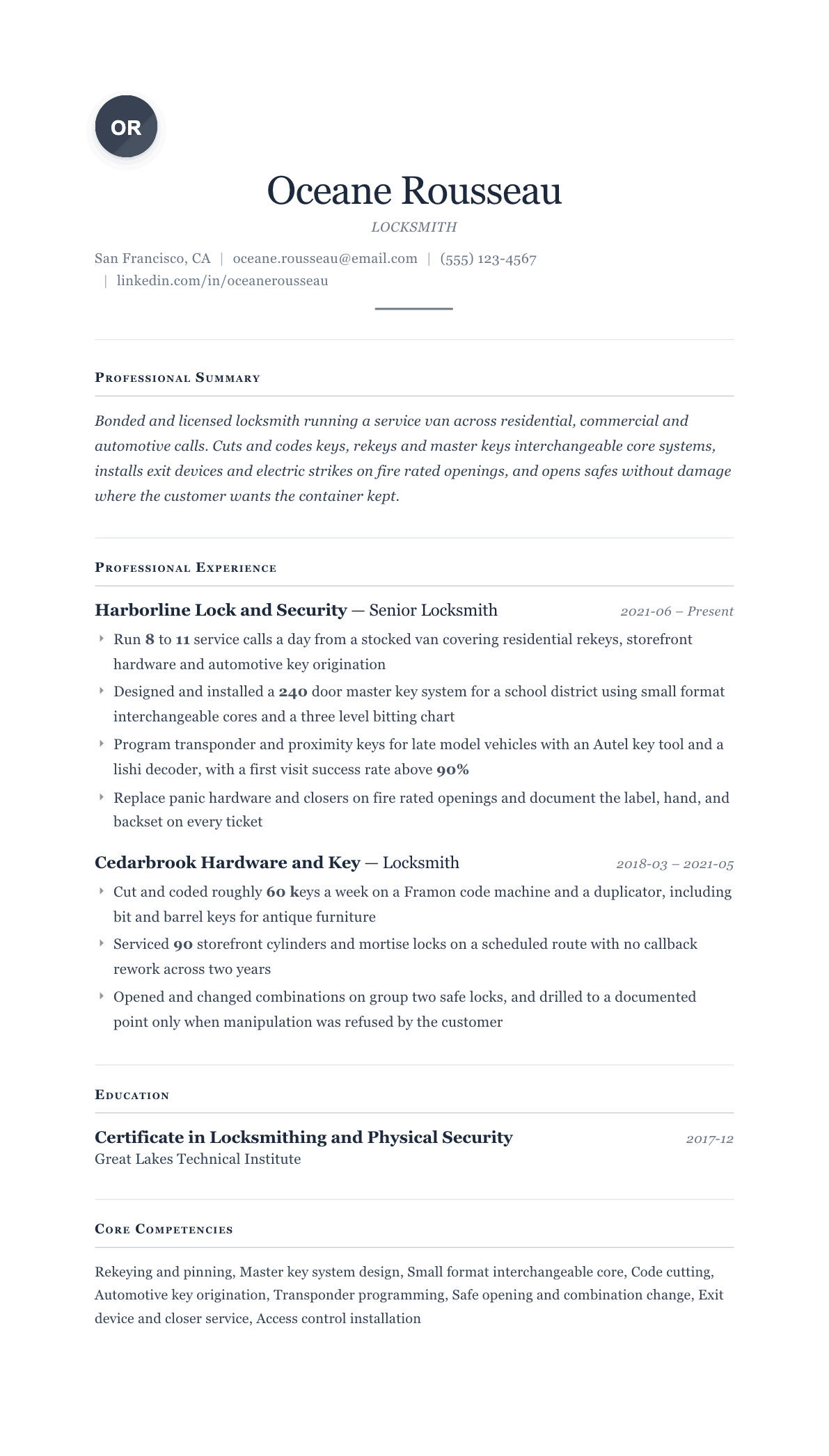 Locksmith resume example, Cornerstone template