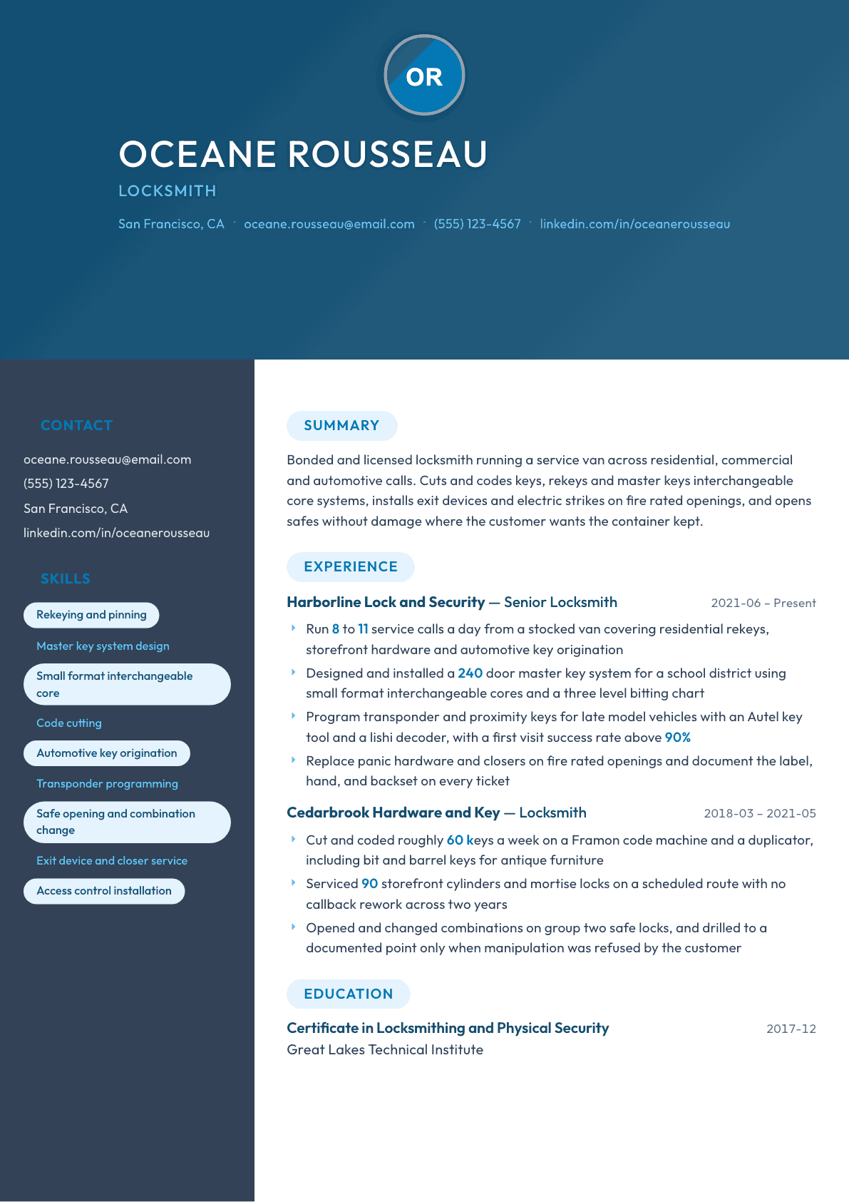 Locksmith resume example, Nexus template