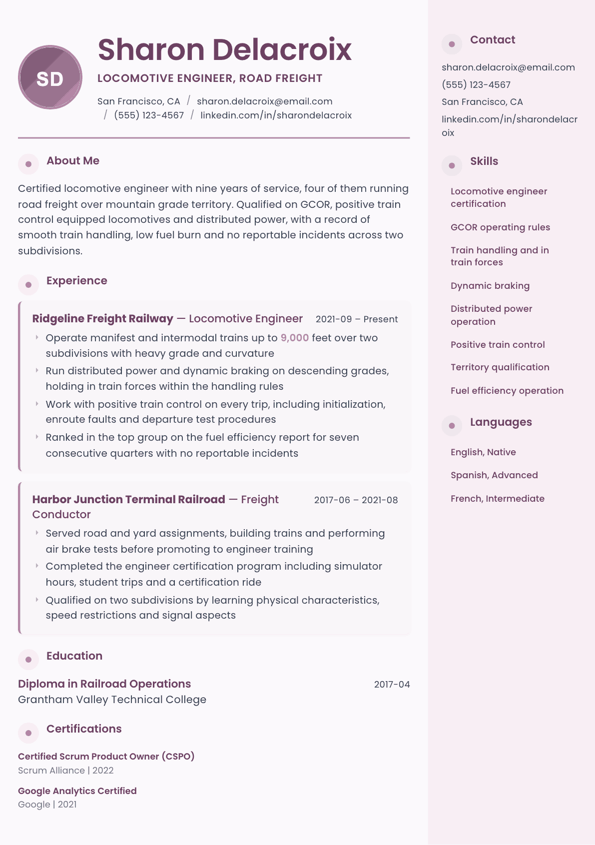 Locomotive Engineer resume example, Bloom template