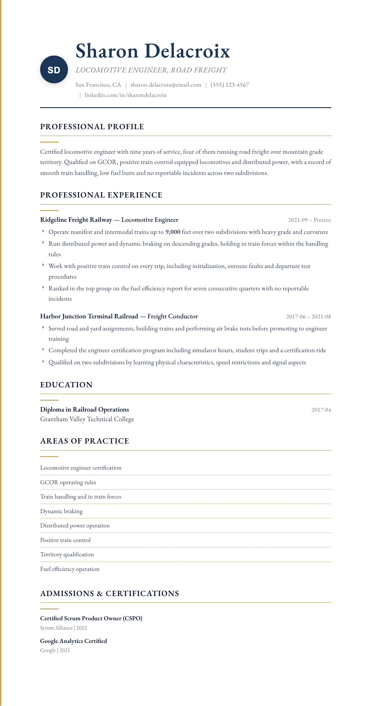 Locomotive Engineer resume example, Folio template