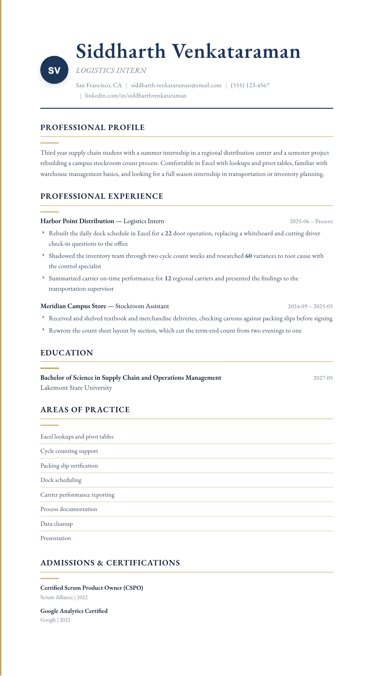 Logistics Intern resume example, Folio template
