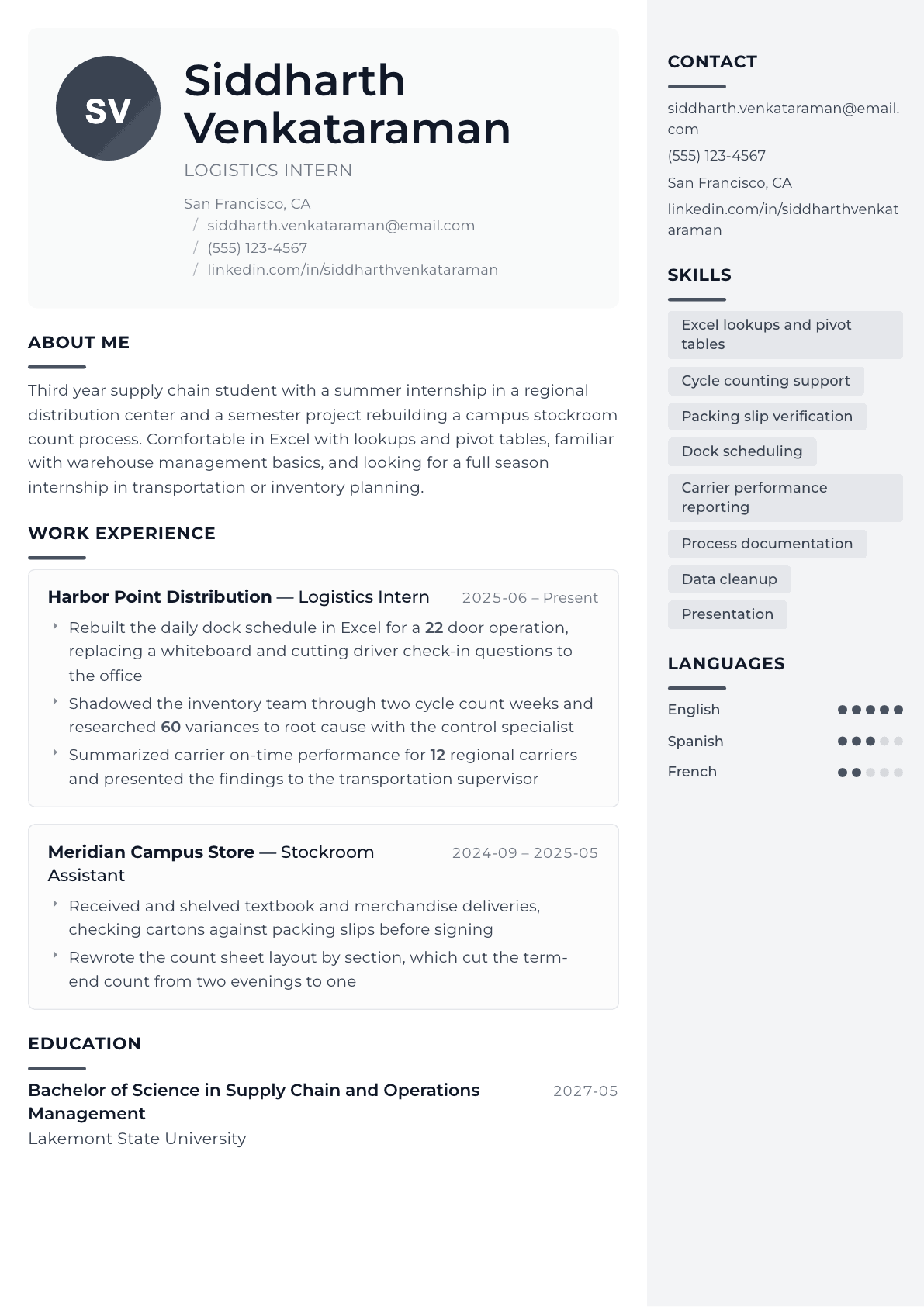 Logistics Intern resume example, Metropolitan template