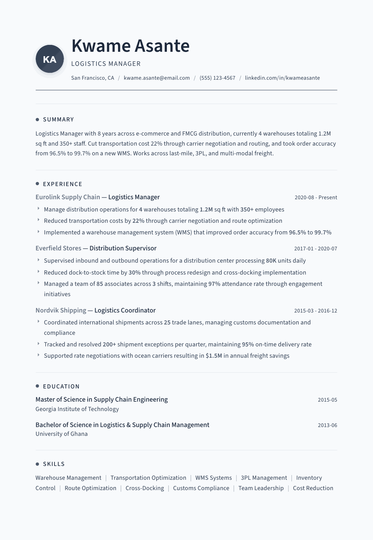 Logistics Manager resume example, Thread template