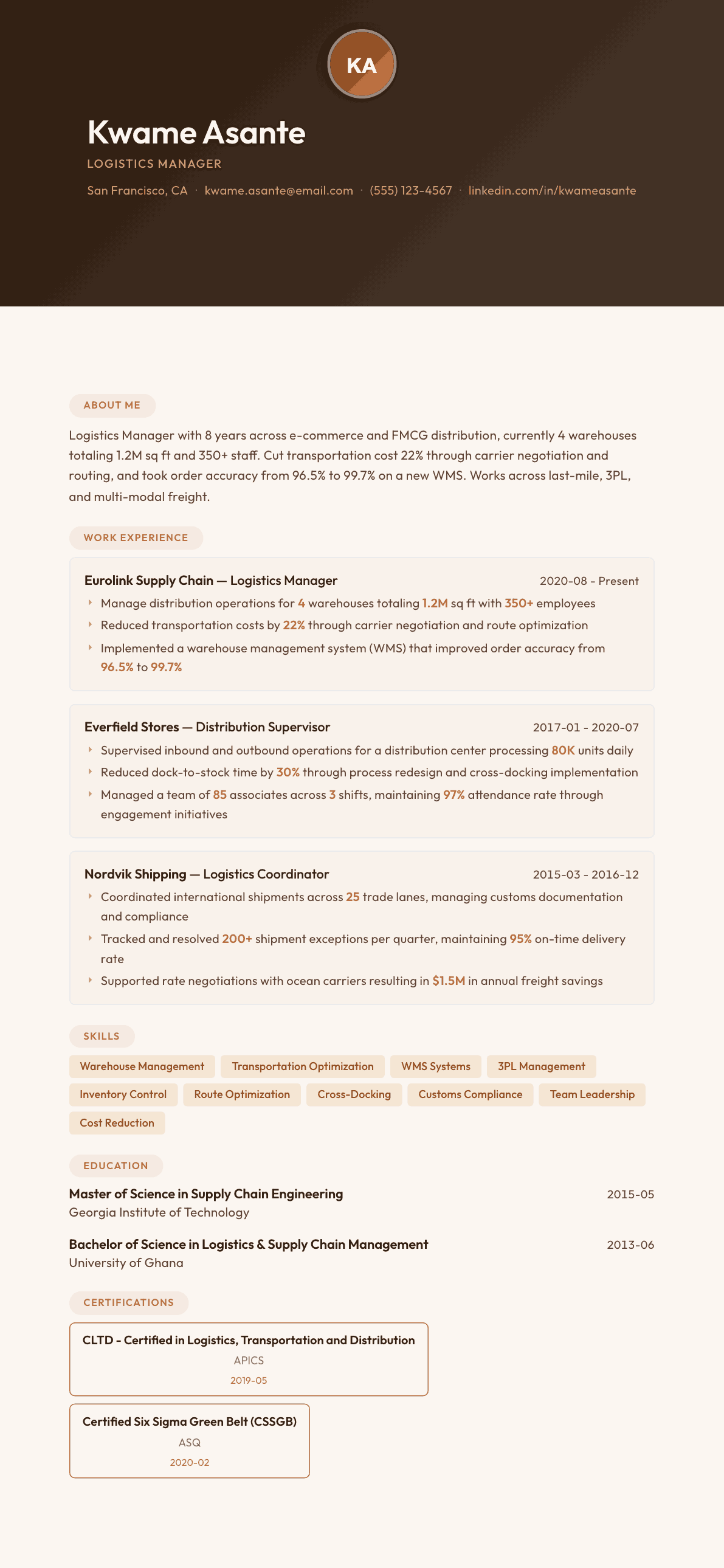 Logistics Manager resume example, Terracotta Studio template