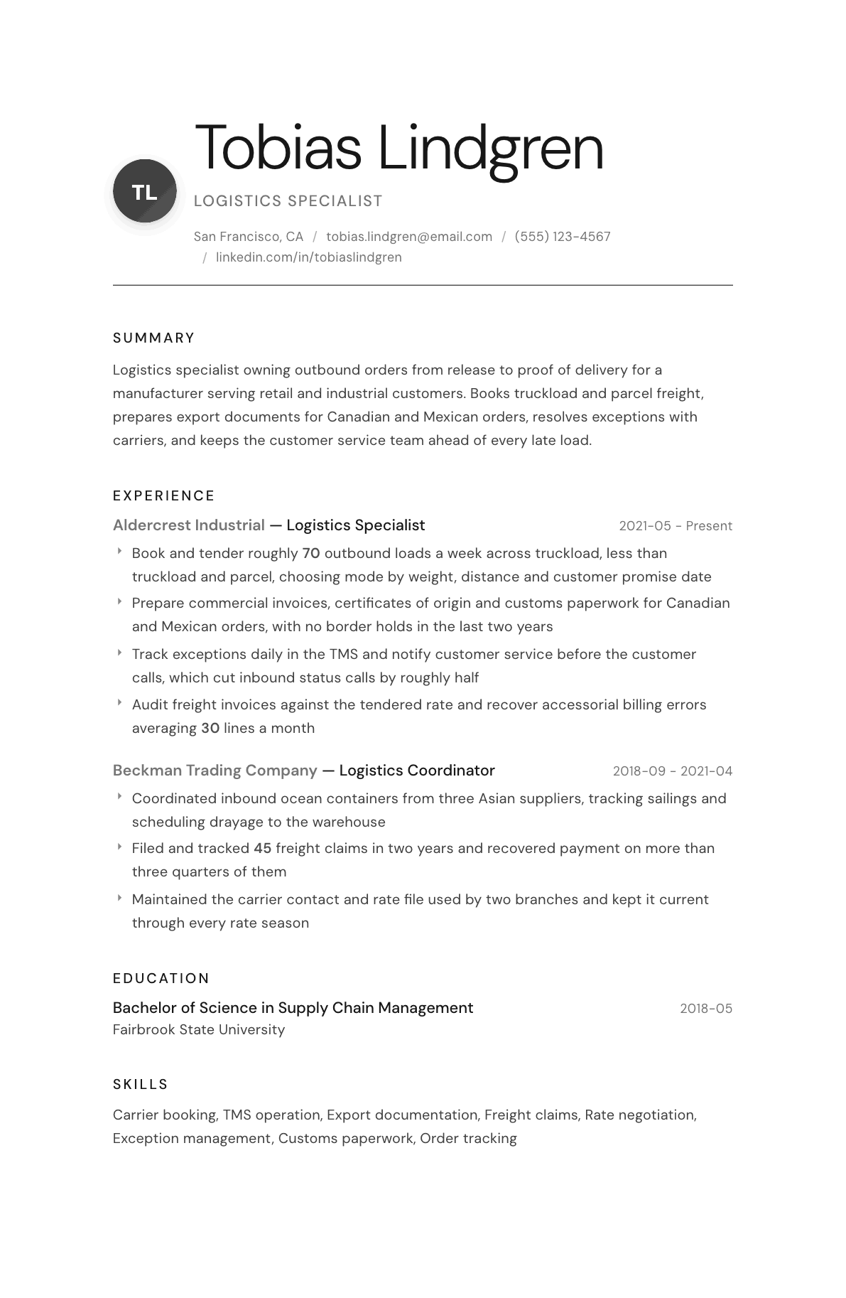 Logistics Specialist resume example, Whisper template