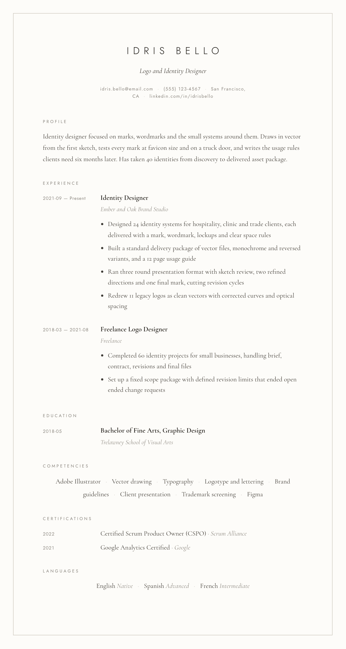 Logo Designer resume example, Vellum template