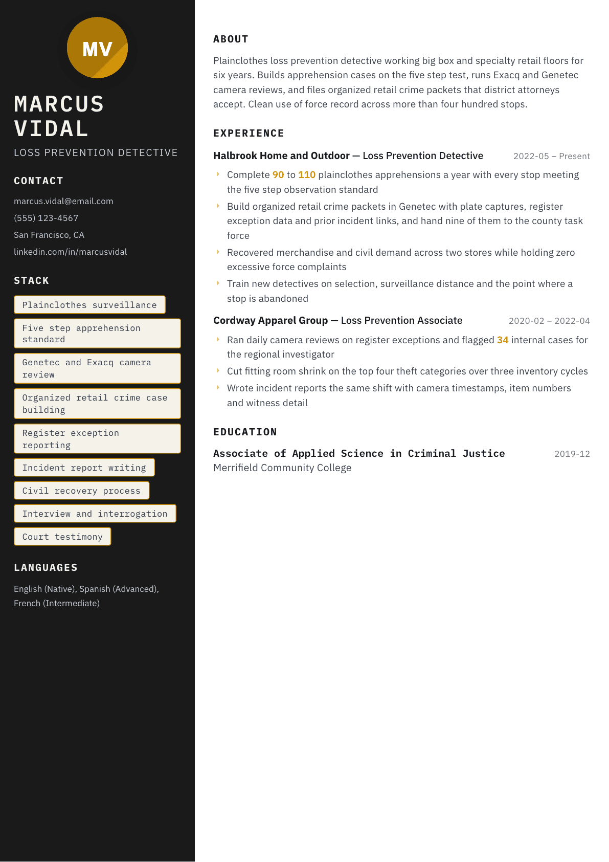 Loss Prevention Detective resume example, Neon template