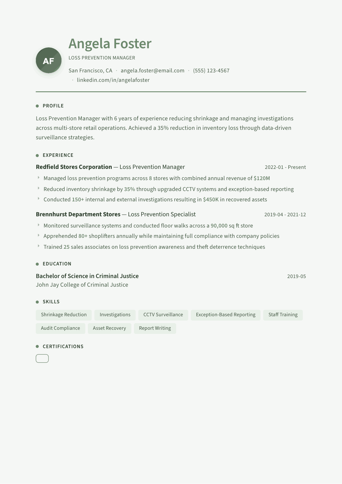 Loss Prevention Manager resume example, Sage Garden template
