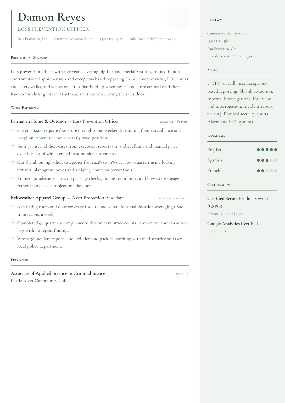 Loss Prevention Officer resume example, Copenhagen template
