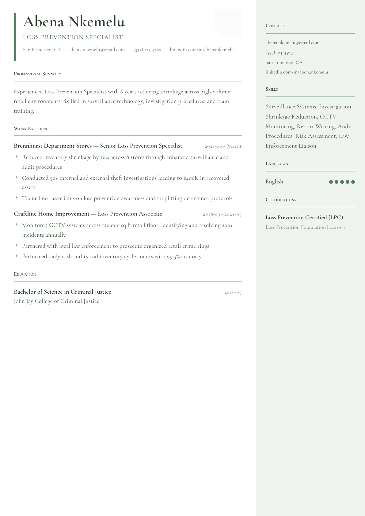 Loss Prevention Specialist resume example, Copenhagen template