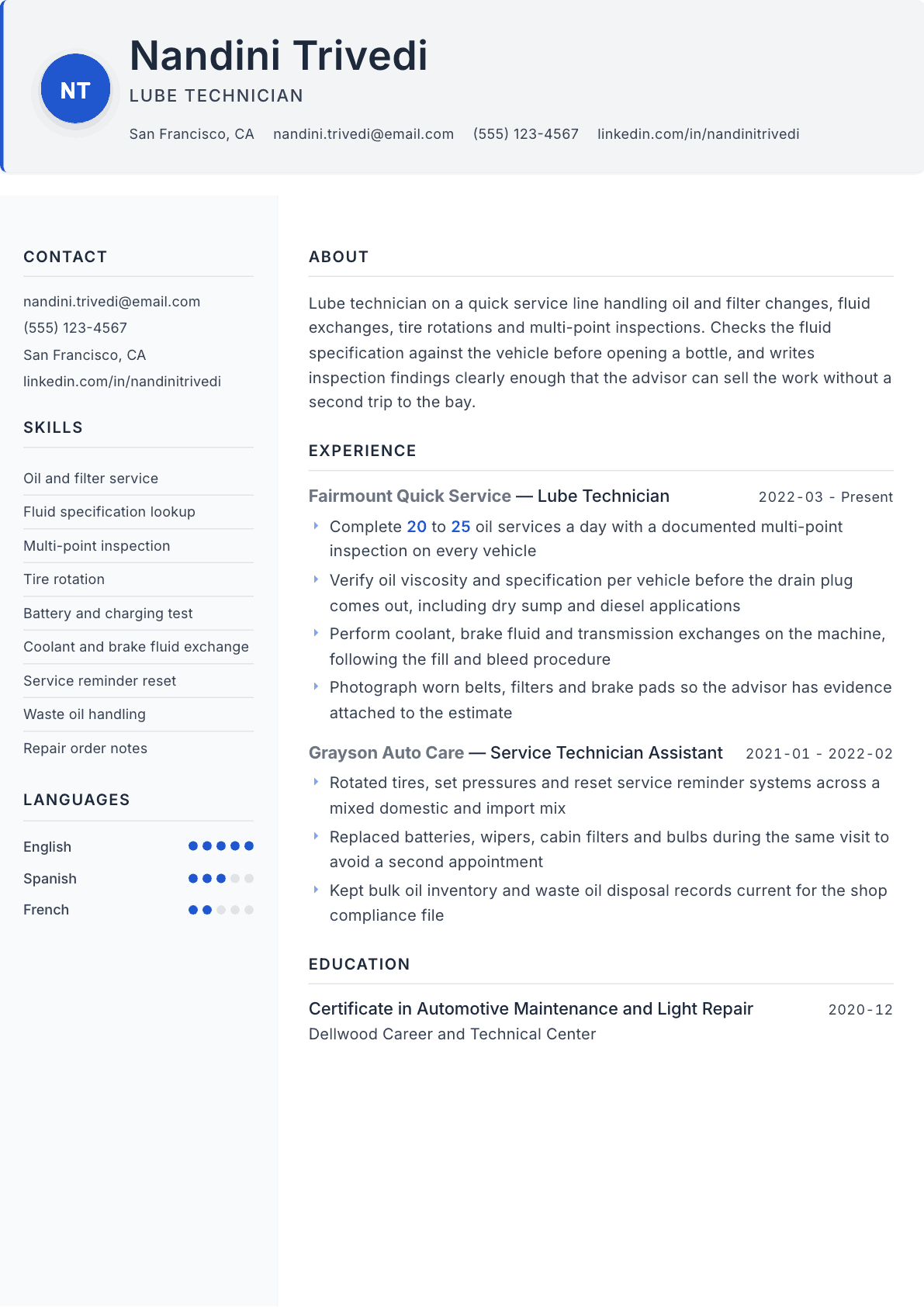 Lube Technician resume example, Paper template