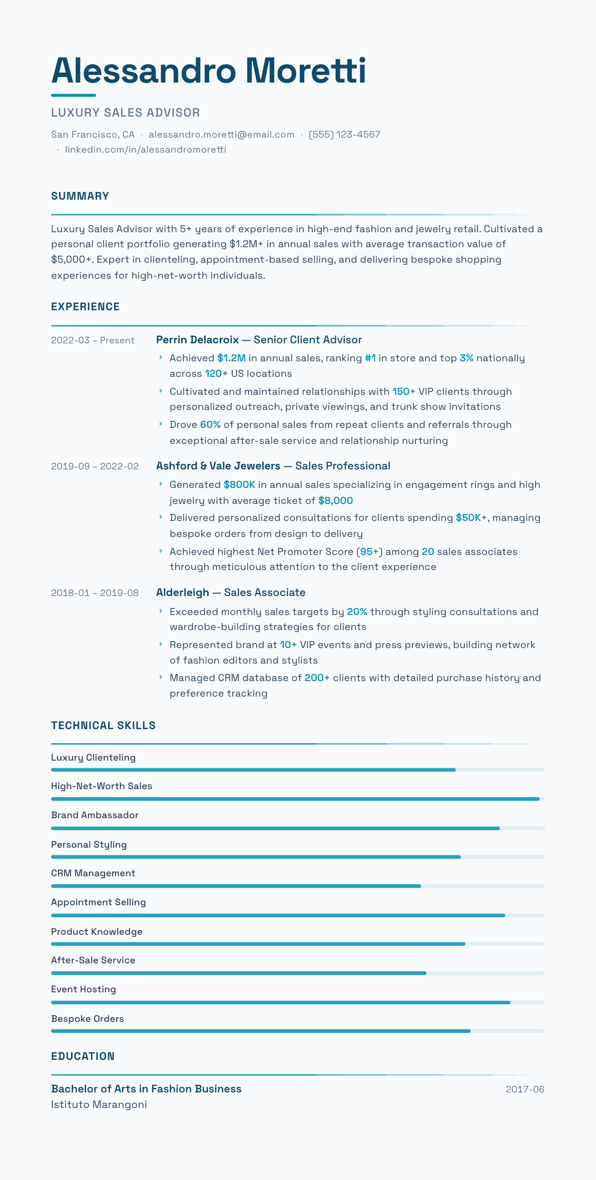Luxury Sales Associate resume example, Velocity template