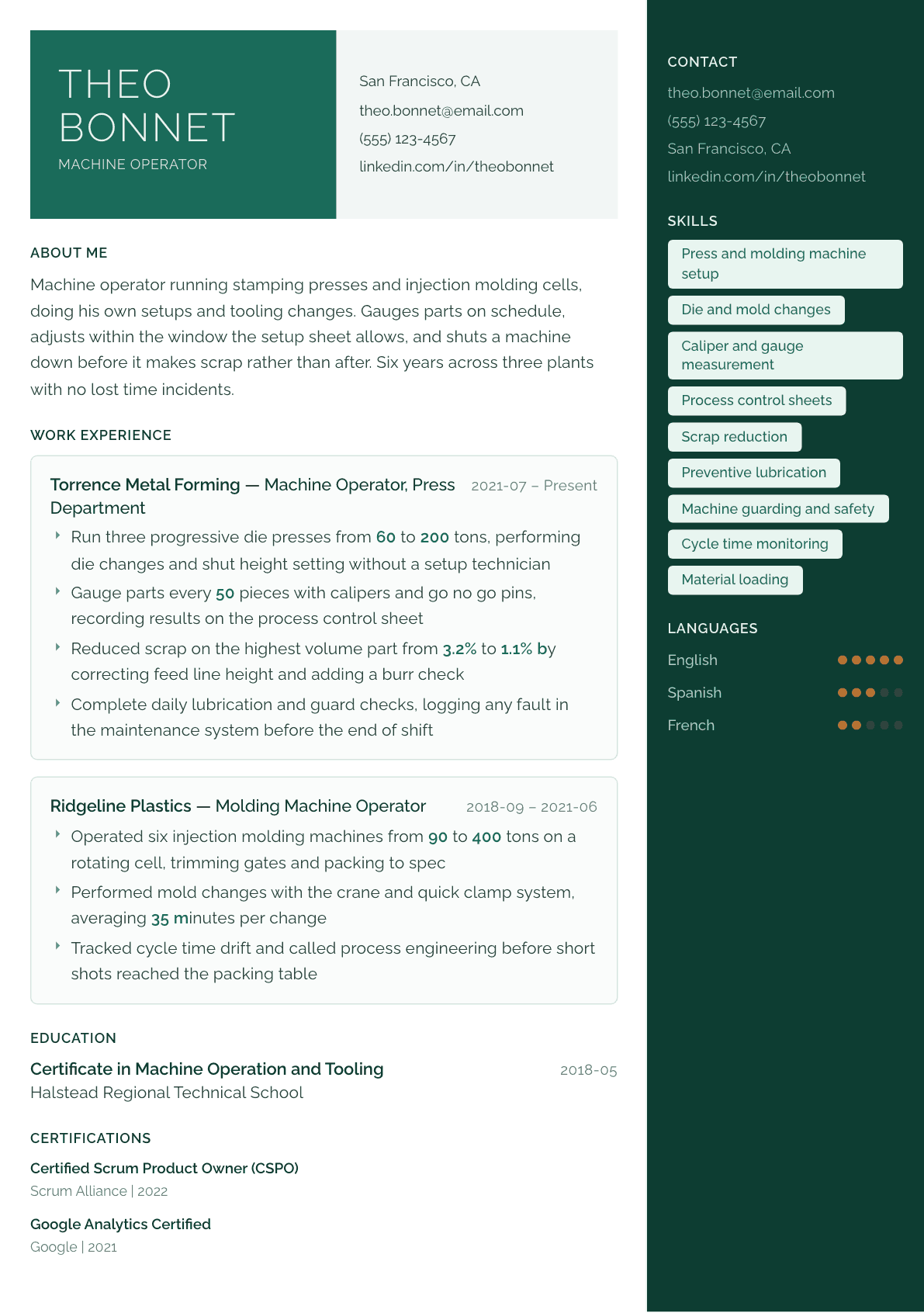 Machine Operator resume example, Aurora template