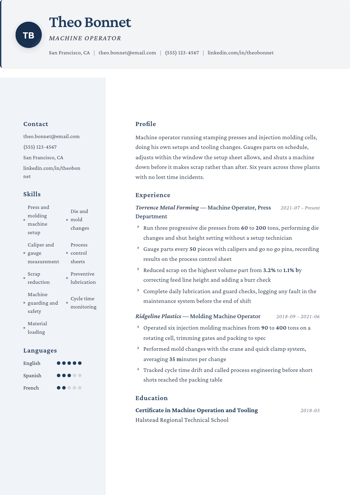 Machine Operator resume example, Formal template