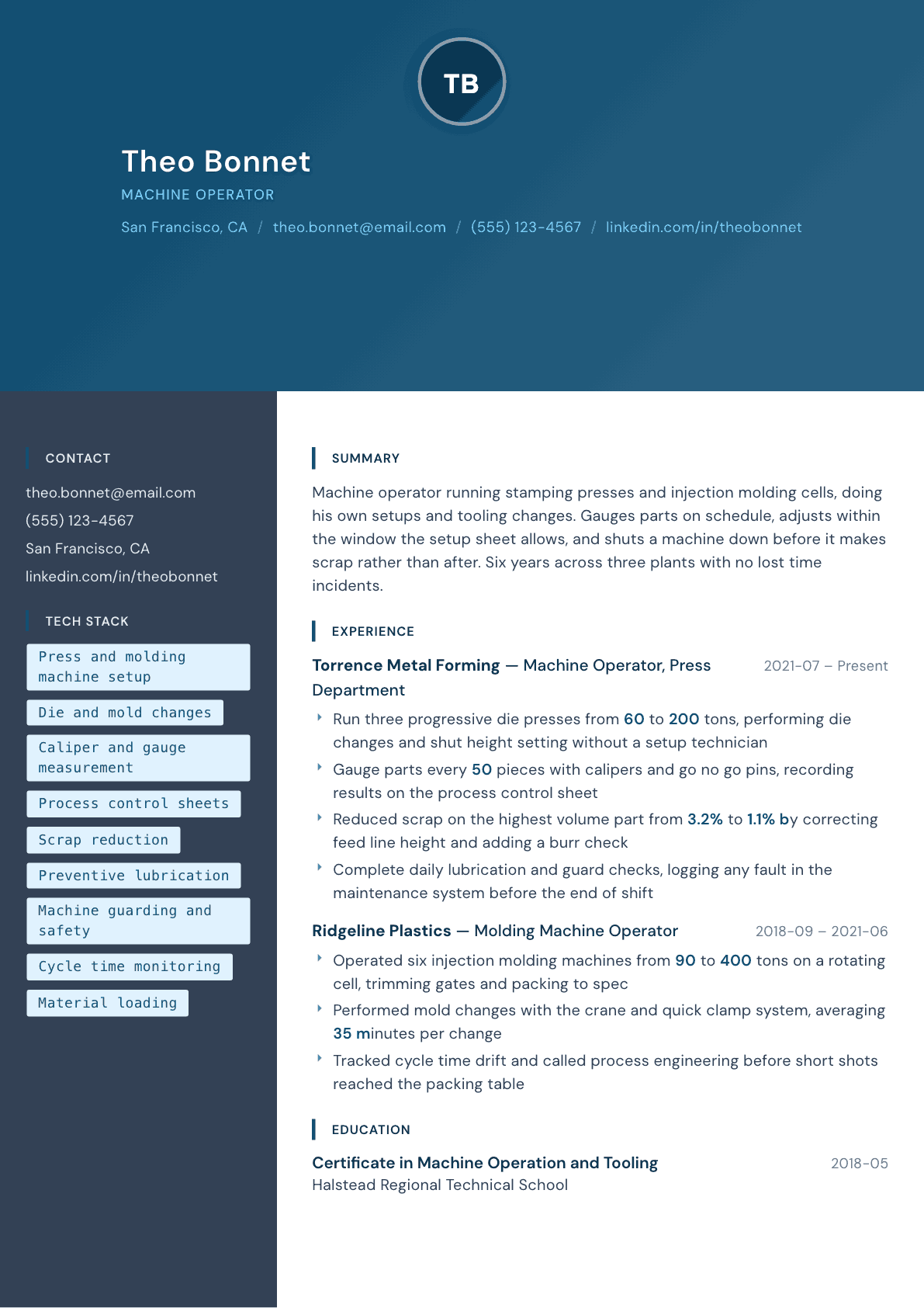 Machine Operator resume example, Prism template