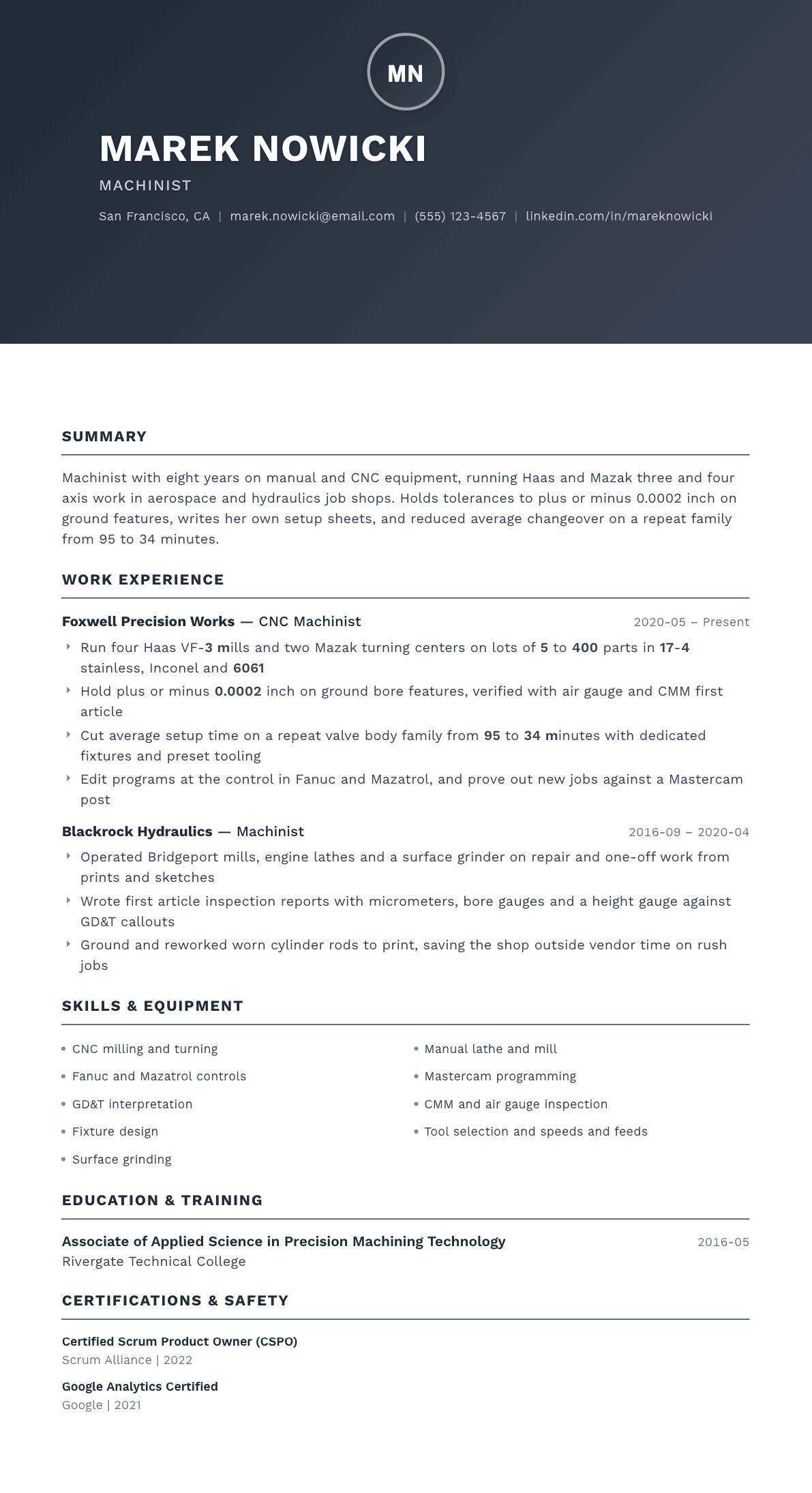 Machinist resume example, Foundation template